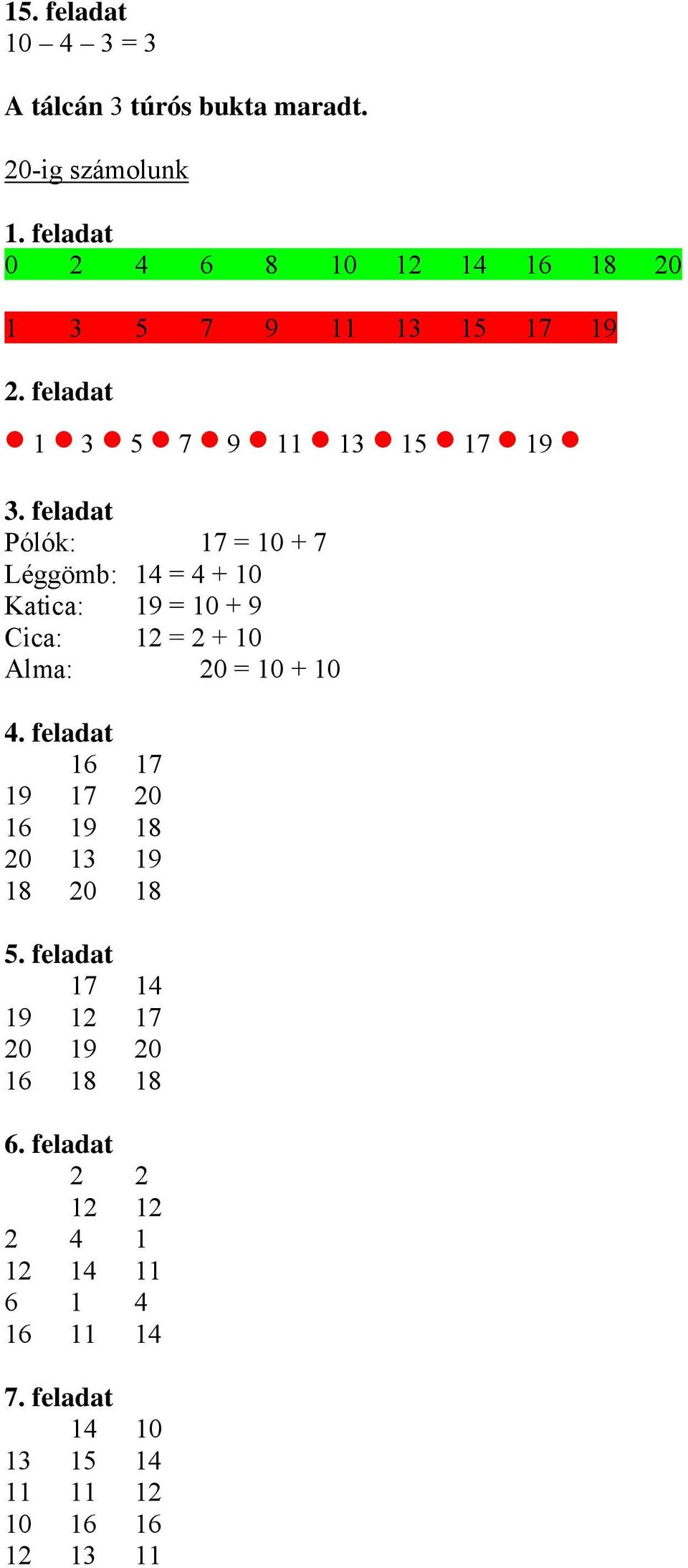 7 Léggömb: 14 = 4 + 10 Katica: 19 = 10 + 9 Cica: 12 = 2 + 10 Alma: 20 = 10 + 10 4.