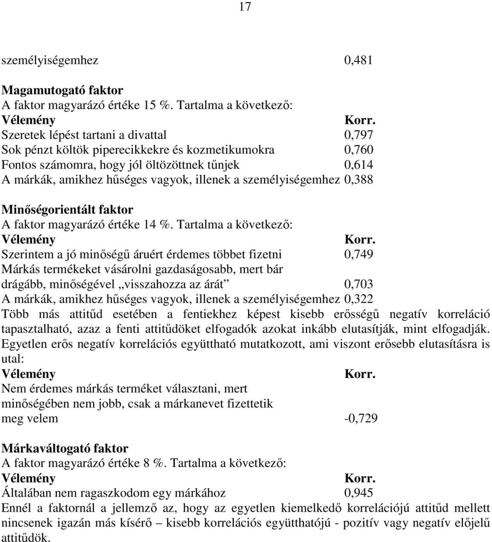 személyiségemhez 0,388 Minıségorientált faktor A faktor magyarázó értéke 14 %. Tartalma a következı: Vélemény Korr.