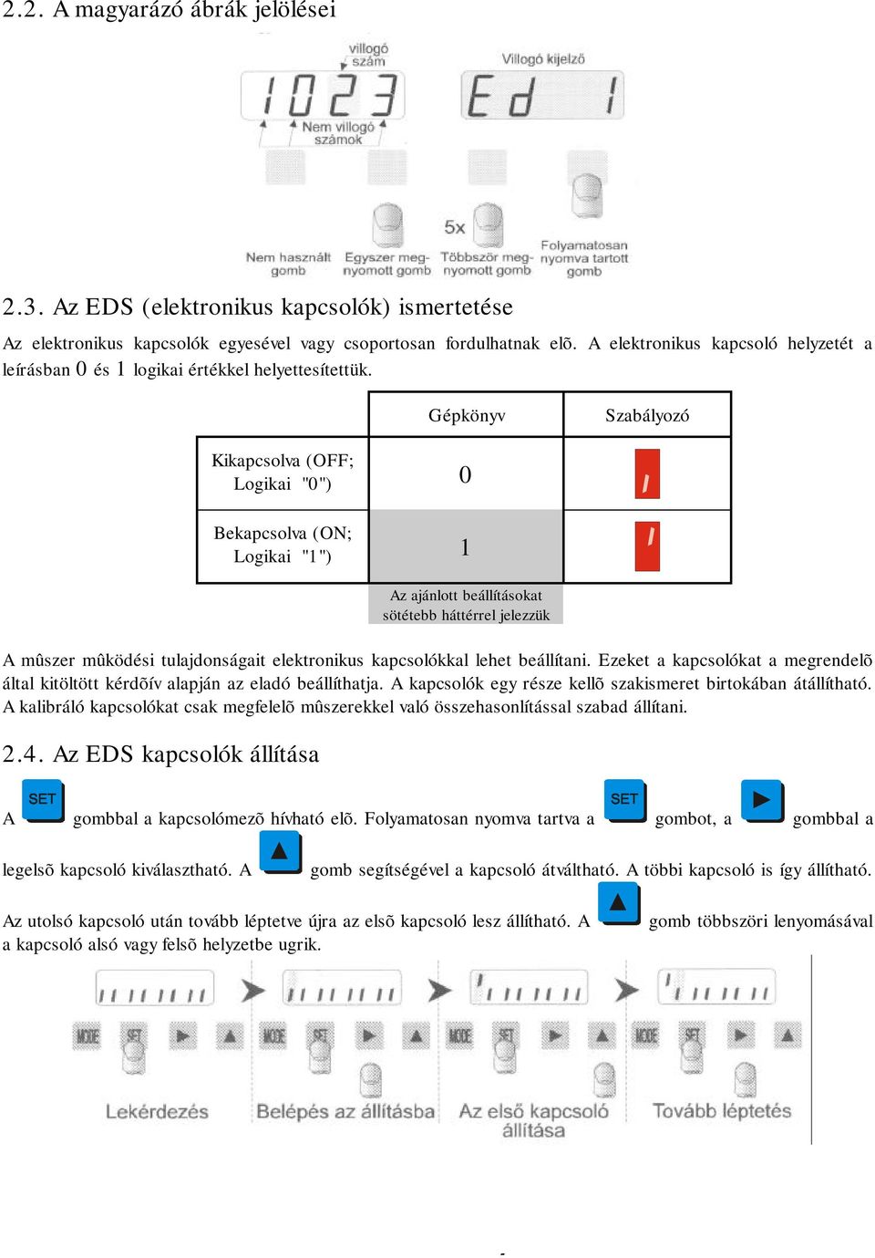 Gépkönyv Szabályozó Kikapcsolva (OFF; Logikai "0") 0 Bekapcsolva (ON; Logikai "1") 1 Az ajánlott beállításokat sötétebb háttérrel jelezzük A mûszer mûködési tulajdonságait elektronikus kapcsolókkal