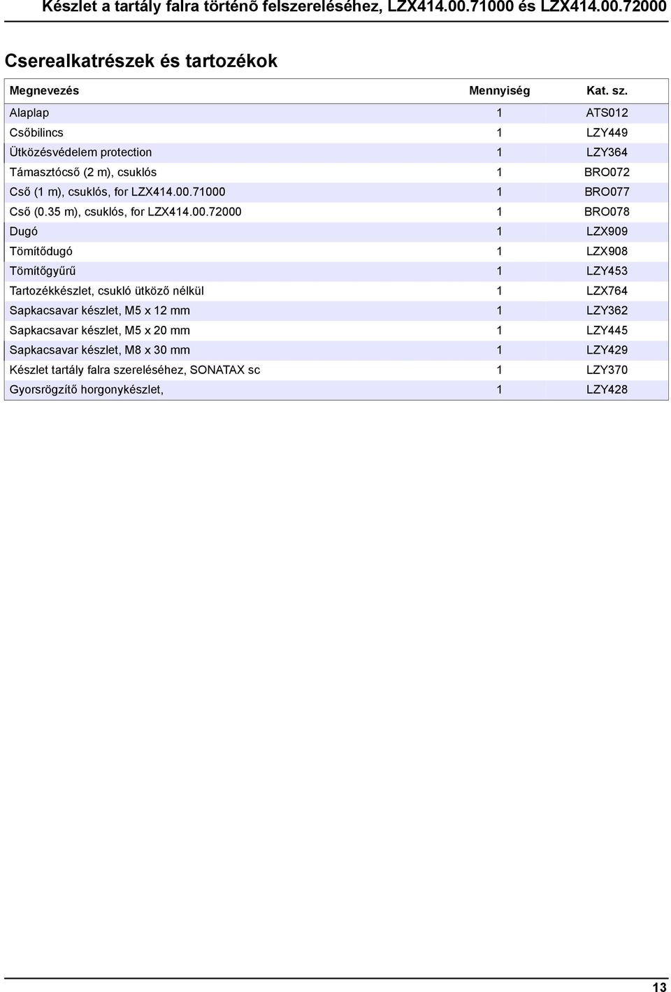 71000 1 BRO077 Cső (0.35 m), csuklós, for LZX414.00.72000 1 BRO078 Dugó 1 LZX909 Tömítődugó 1 LZX908 Tömítőgyűrű 1 LZY453 Tartozékkészlet, csukló