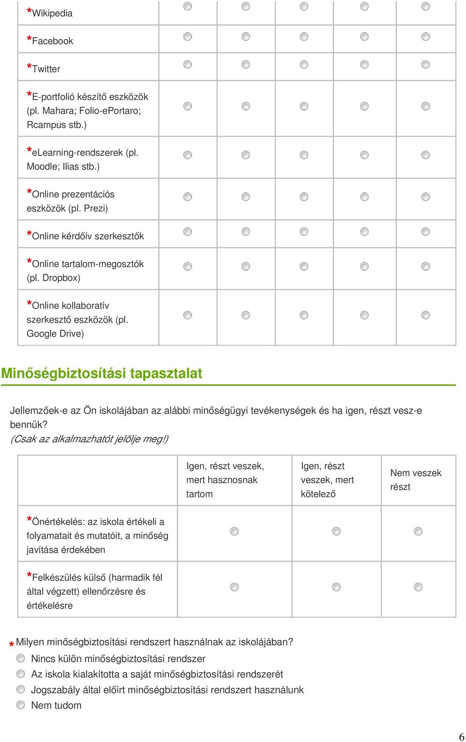 Google Drive) Minőségbiztosítási tapasztalat Jellemzőek-e az Ön iskolájában az alábbi minőségügyi tevékenységek és ha igen, részt vesz-e bennük? (Csak az alkalmazhatót jelölje meg!
