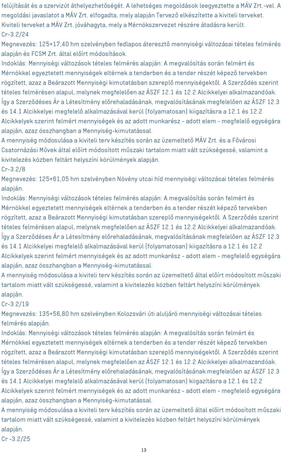2/24 Megnevezés: 125+17,40 hm szelvényben fedlapos áteresztő mennyiségi változásai tételes felmérés alapján és FCSM Zrt. által előírt módosítások.