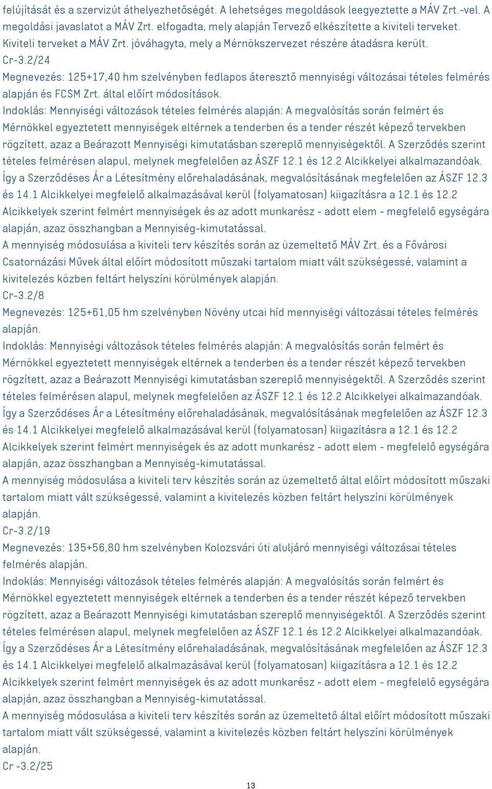 2/24 Megnevezés: 125+17,40 hm szelvényben fedlapos áteresztő mennyiségi változásai tételes felmérés alapján és FCSM Zrt. által előírt módosítások.