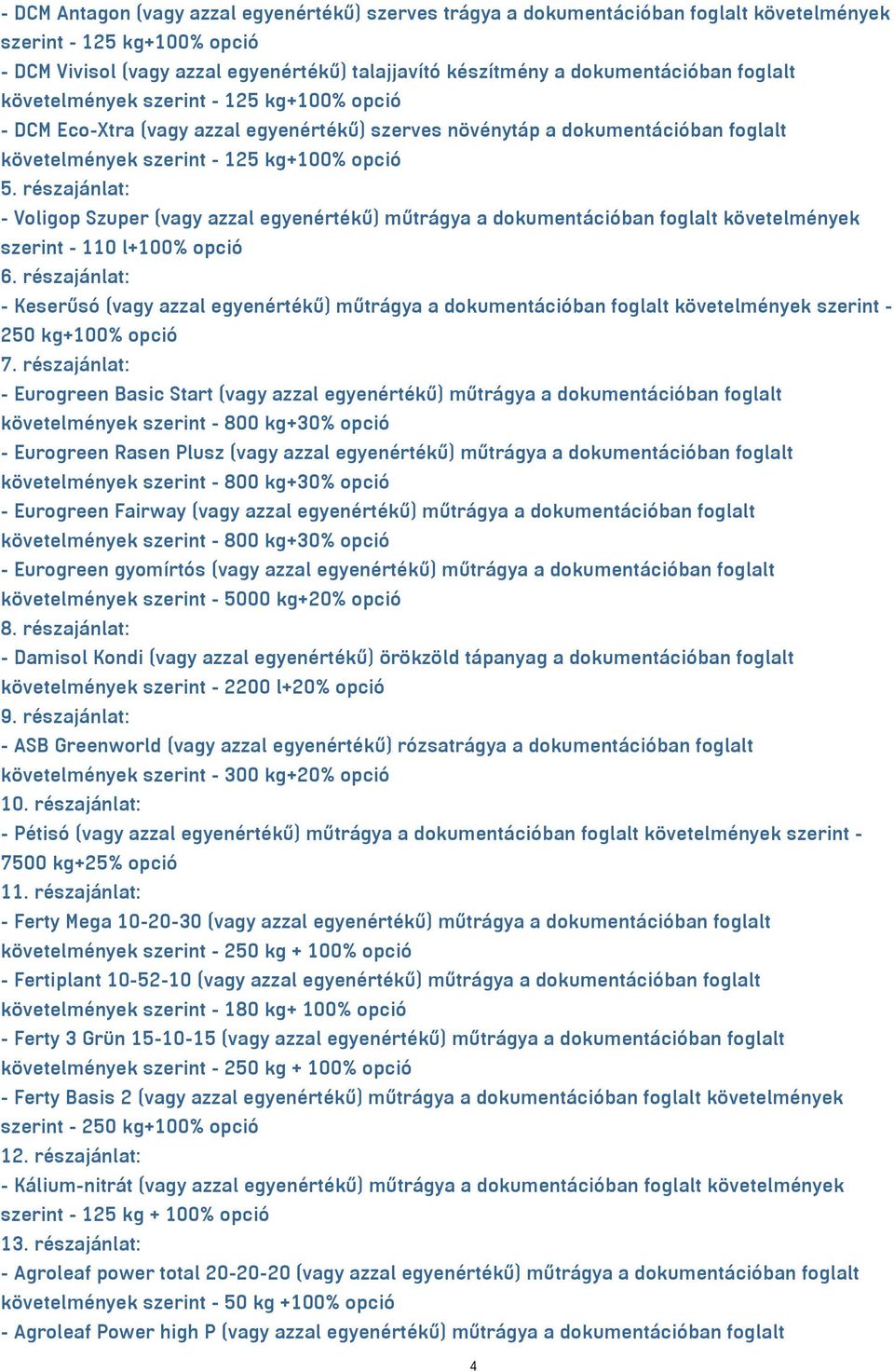 részajánlat: - Voligop Szuper (vagy azzal egyenértékű) műtrágya a dokumentációban foglalt követelmények szerint - 110 l+100% opció 6.