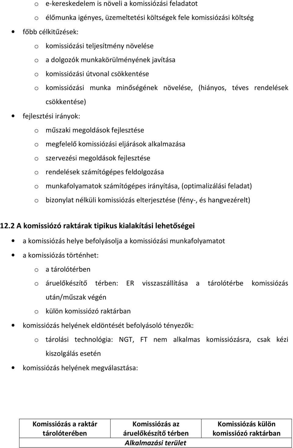 o megfelelő komissiózási eljárások alkalmazása o szervezési megoldások fejlesztése o rendelések számítógépes feldolgozása o munkafolyamatok számítógépes irányítása, (optimalizálási feladat) o