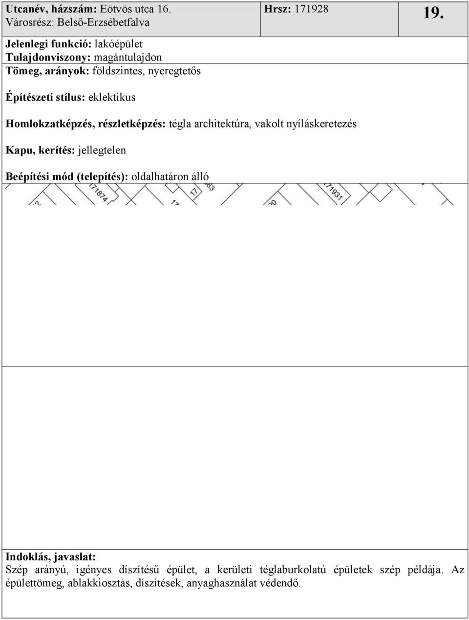 architektúra, vakolt nyíláskeretezés Kapu, kerítés: jellegtelen Beépítési mód (telepítés): oldalhatáron álló Szép