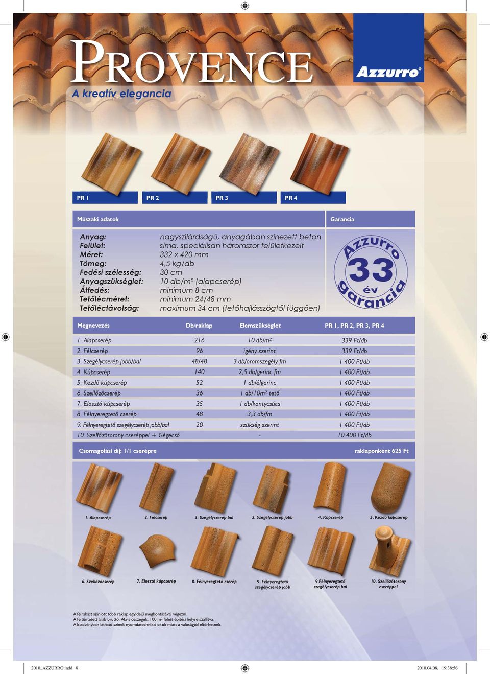 Megnevezés Db/raklap Elemszükséglet PR 1, PR 2, PR 3, PR 4 2. Félcserép 3. Szegélycserép jobb/bal 6. Szellőzőcserép 7. Elosztó kúpcserép 8. Félnyeregtető cserép 9.