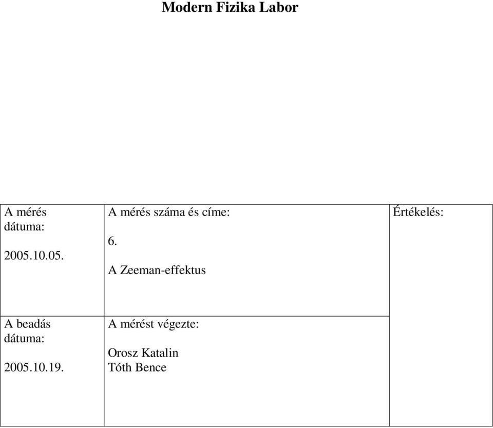 A Zeeman-effektus Értékelés: A beadás