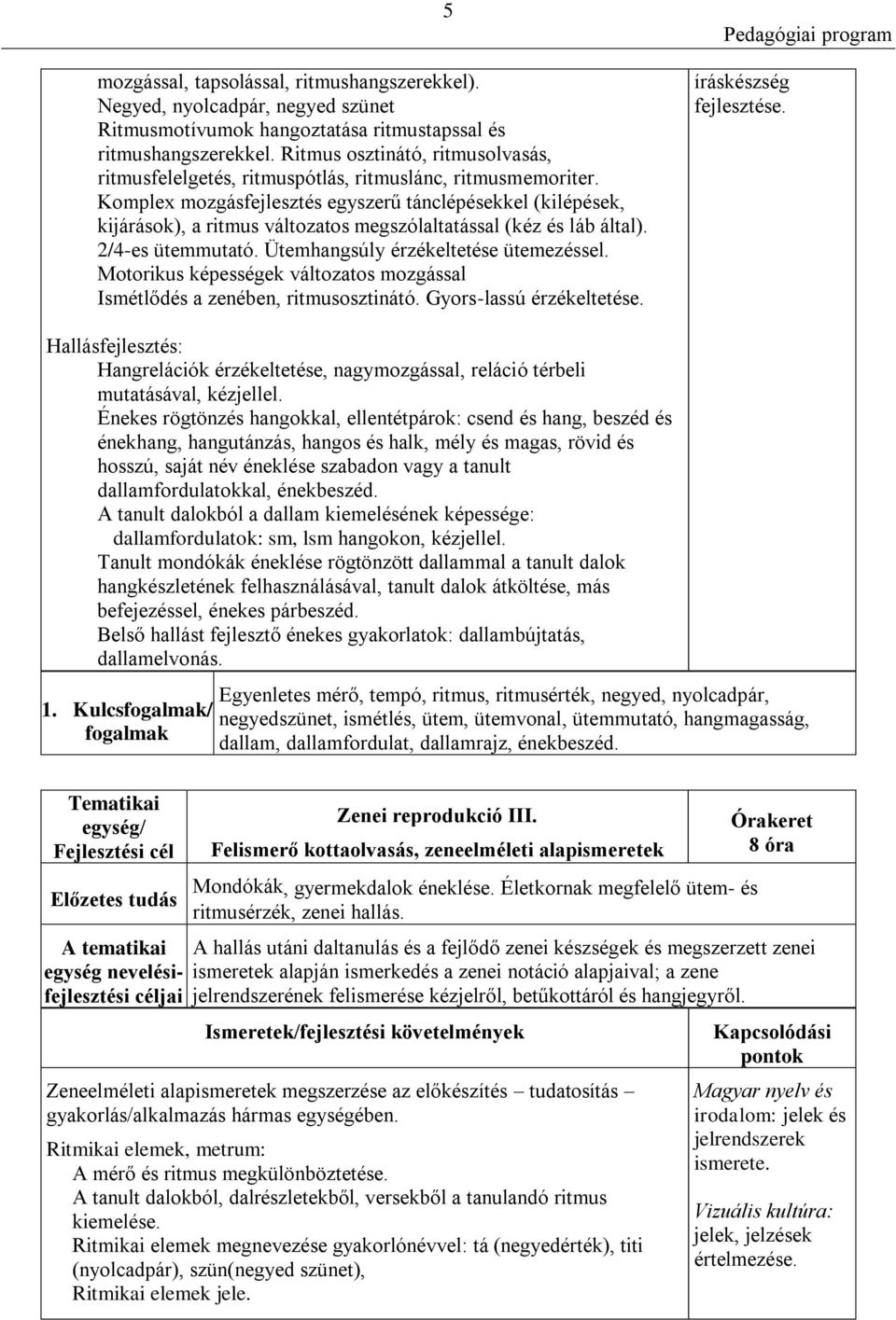 Komplex mozgásfejlesztés egyszerű tánclépésekkel (kilépések, kijárások), a ritmus változatos megszólaltatással (kéz és láb által). 2/4-es ütemmutató. Ütemhangsúly érzékeltetése ütemezéssel.