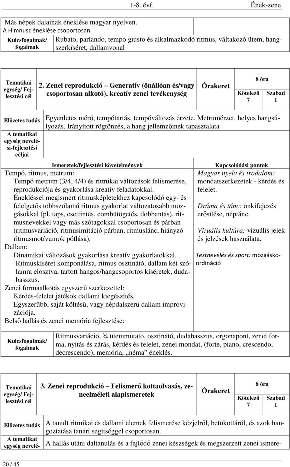 Zenei reprodukció Generatív (önállóan és/vagy csoportosan alkotó), kreatív zenei tevékenység 7 8 óra 1 Egyenletes mérő, tempótartás, tempóváltozás érzete. Metrumérzet, helyes hangsúlyozás.