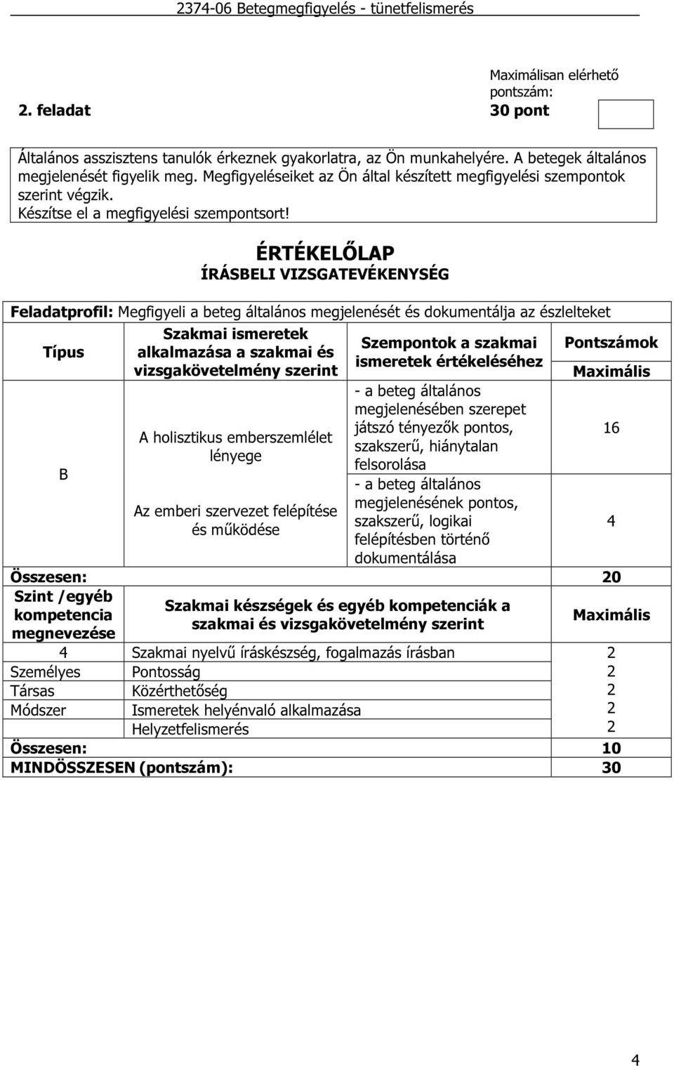 ÉRTÉKELŐLAP ÍRÁSBELI VIZSGATEVÉKENYSÉG Feladatprofil: Megfigyeli a beteg általános megjelenését és dokumentálja az észlelteket Típus B Szakmai ismeretek alkalmazása a szakmai és vizsgakövetelmény