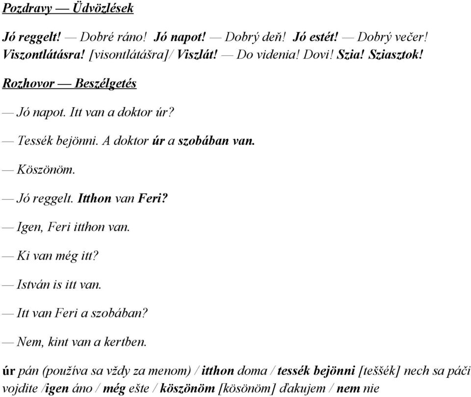 Itthon van Feri? Igen, Feri itthon van. Ki van még itt? István is itt van. Itt van Feri a szobában? Nem, kint van a kertben.