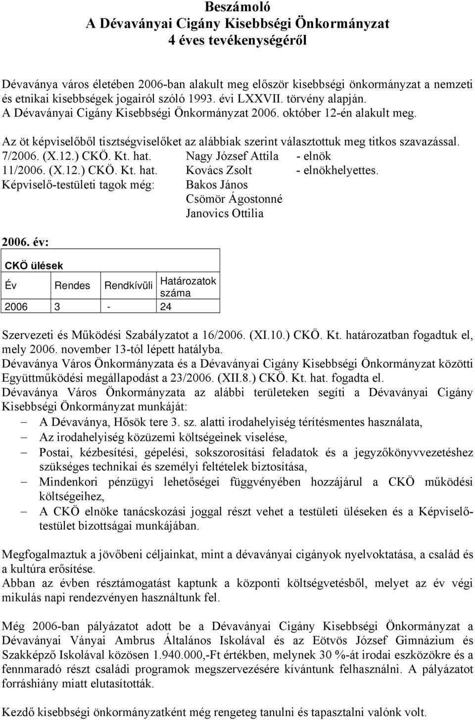 Az öt képviselőből tisztségviselőket az alábbiak szerint választottuk meg titkos szavazással. 7/2006. (X.12.) CKÖ. Kt. hat. Nagy József Attila - elnök 11/2006. (X.12.) CKÖ. Kt. hat. Kovács Zsolt - elnökhelyettes.