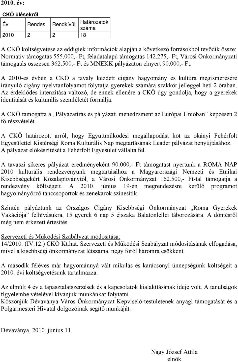 A 2010-es évben a CKÖ a tavaly kezdett cigány hagyomány és kultúra megismerésére irányuló cigány nyelvtanfolyamot folytatja gyerekek számára szakkör jelleggel heti 2 órában.