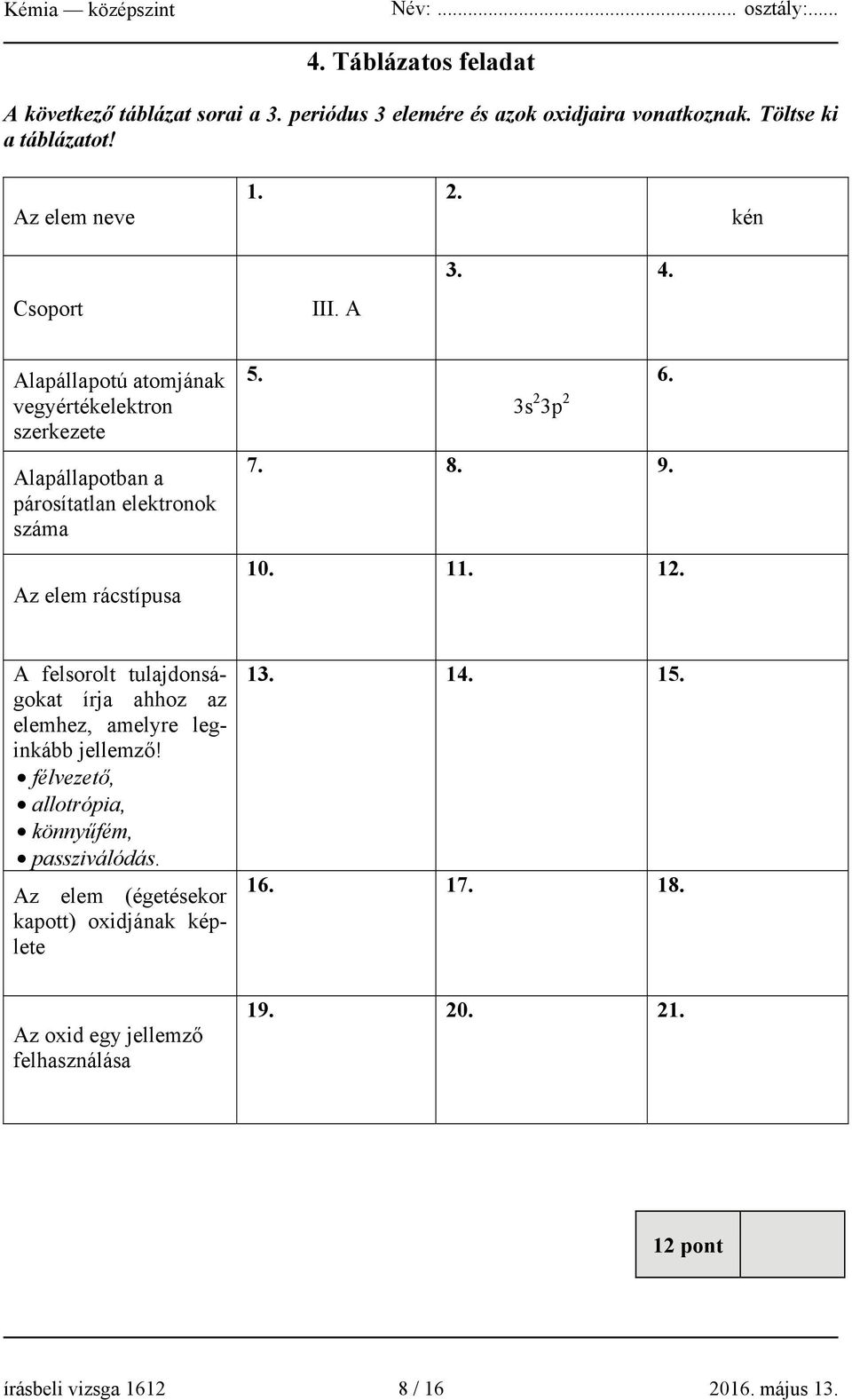 3s 2 3p 2 7. 8. 9. 10. 11. 12. A felsorolt tulajdonságokat írja ahhoz az elemhez, amelyre leginkább jellemző!