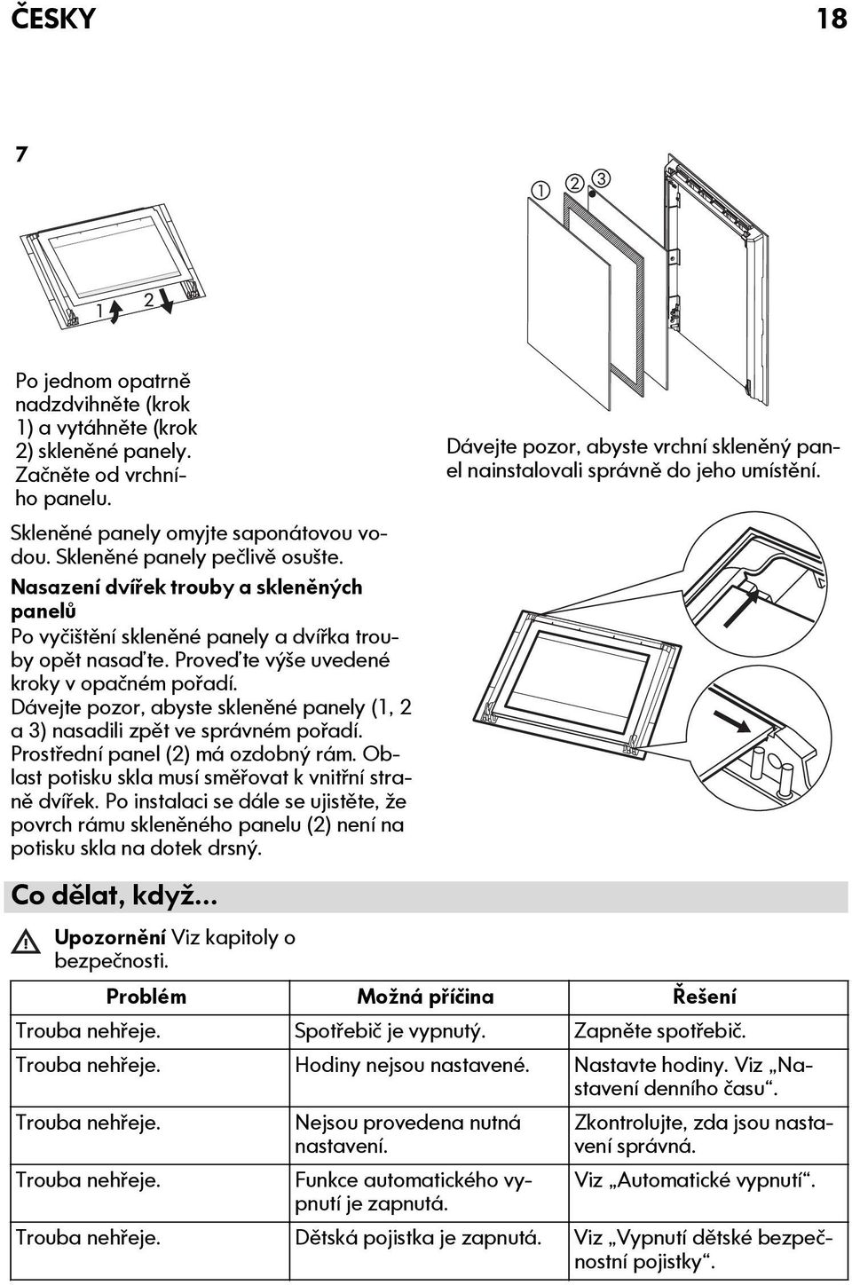 Dávejte pozor, abyste skleněné panely (1, 2 a 3) nasadili zpět ve správném pořadí. Prostřední panel (2) má ozdobný rám. Oblast potisku skla musí směřovat k vnitřní straně dvířek.