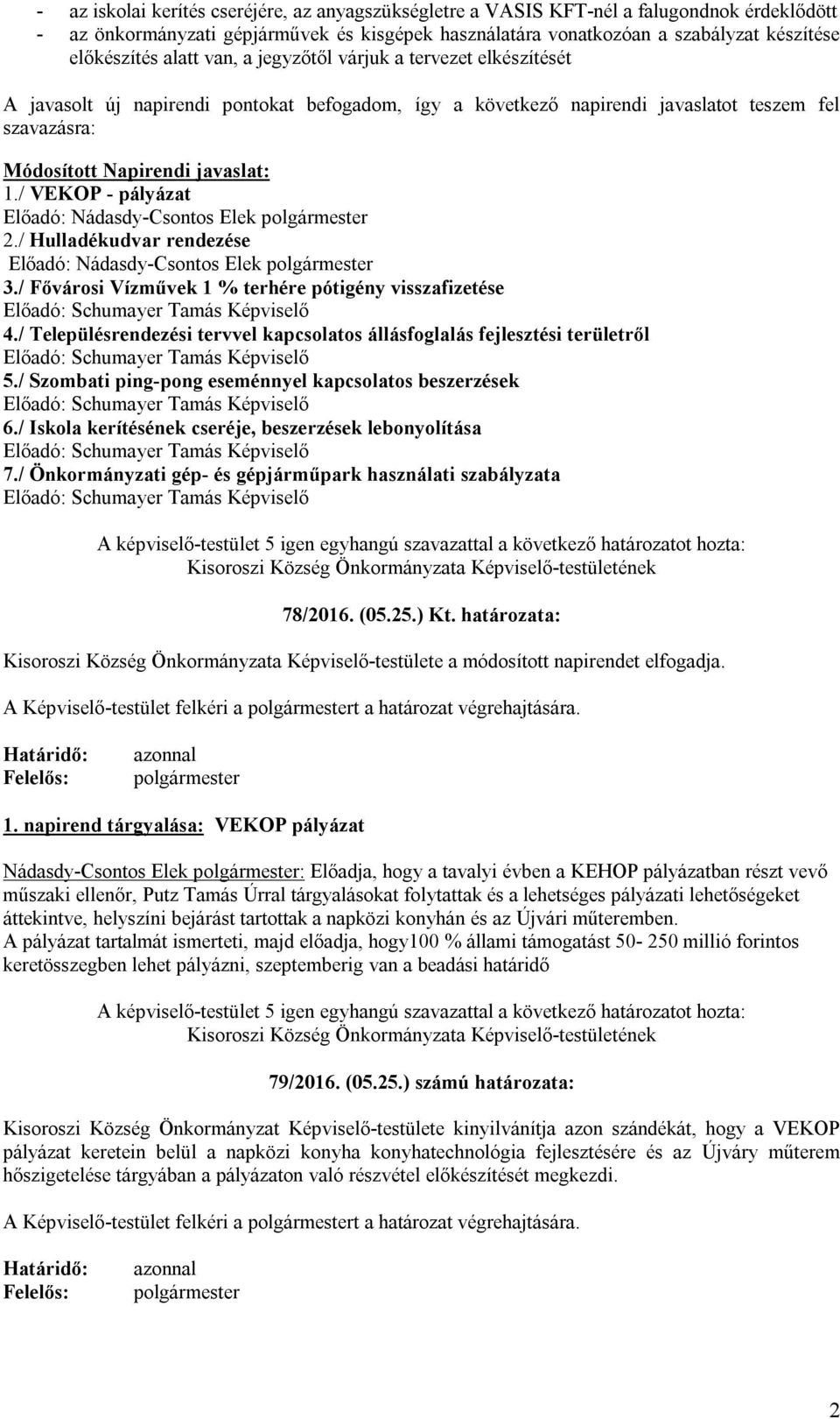 / VEKOP - pályázat Előadó: Nádasdy-Csontos Elek 2./ Hulladékudvar rendezése Előadó: Nádasdy-Csontos Elek 3./ Fővárosi Vízművek 1 % terhére pótigény visszafizetése 4.