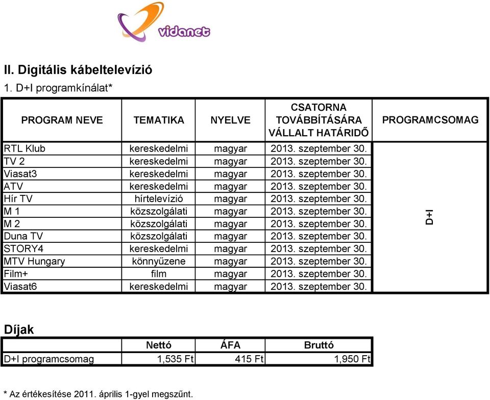 szeptember 30. Duna TV közszolgálati magyar 2013. szeptember 30. STORY4 kereskedelmi magyar 2013. szeptember 30. MTV Hungary könnyűzene magyar 2013. szeptember 30. Film+ film magyar 2013.