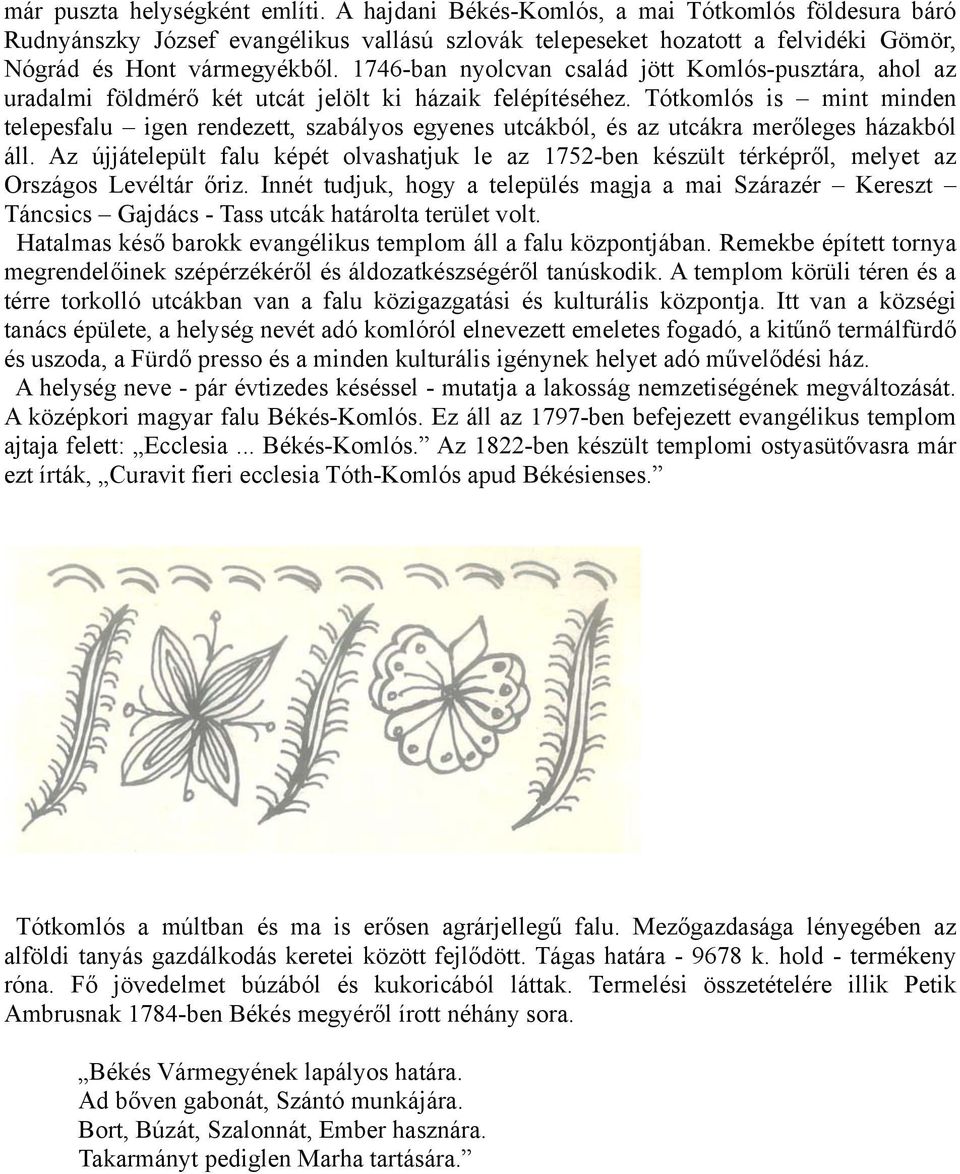1746-ban nyolcvan család jött Komlós-pusztára, ahol az uradalmi földmérő két utcát jelölt ki házaik felépítéséhez.