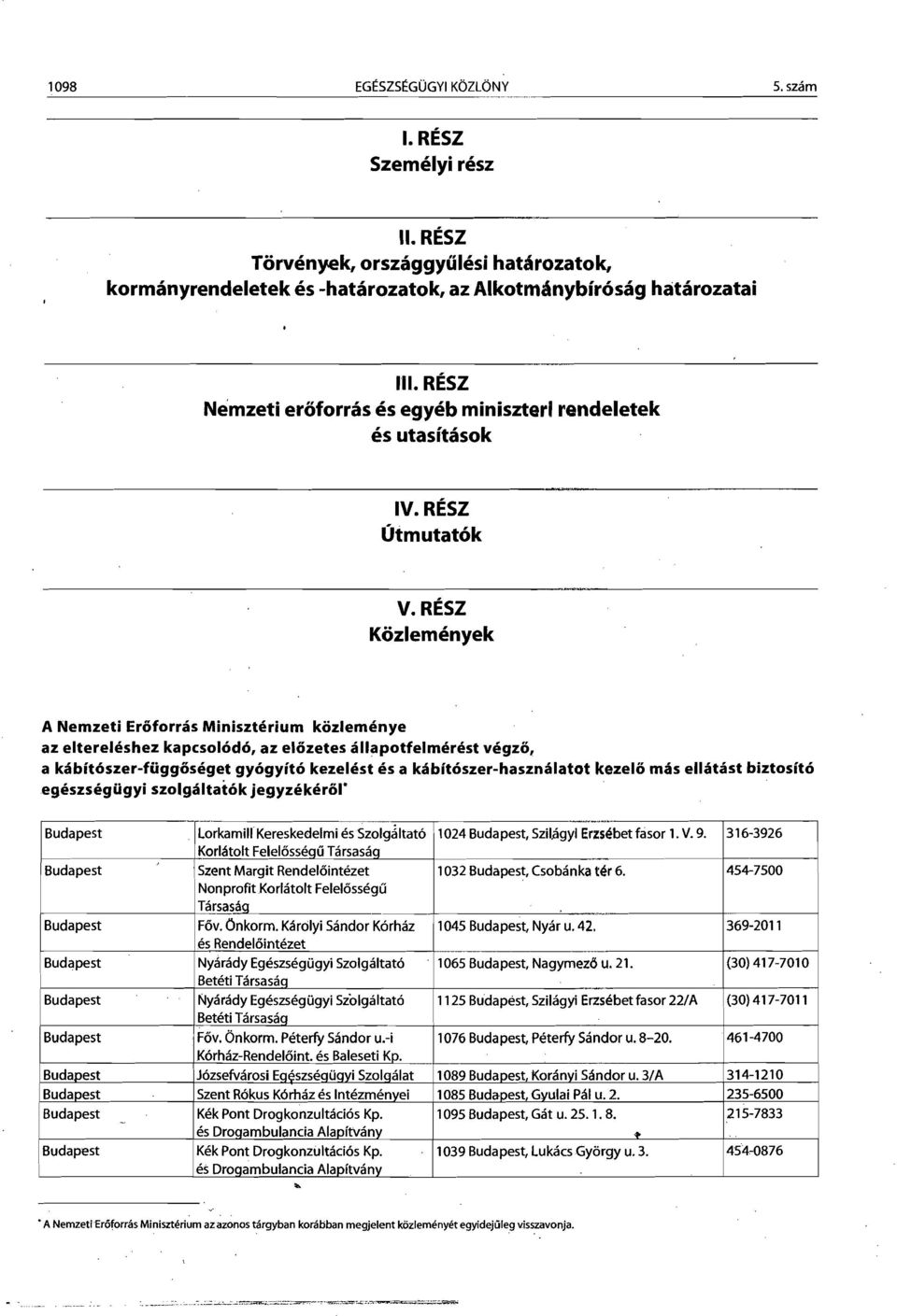 RESZ Kozlemenyek A Nemzeti Eroforras Miniszterium kozlemenye az eltereleshez kapcsolode, az elozetes allapotfelmerest vegzo, a kabitoszer-fuggoseget gyogyito kezelest es a kabitoszer-hasznalatot