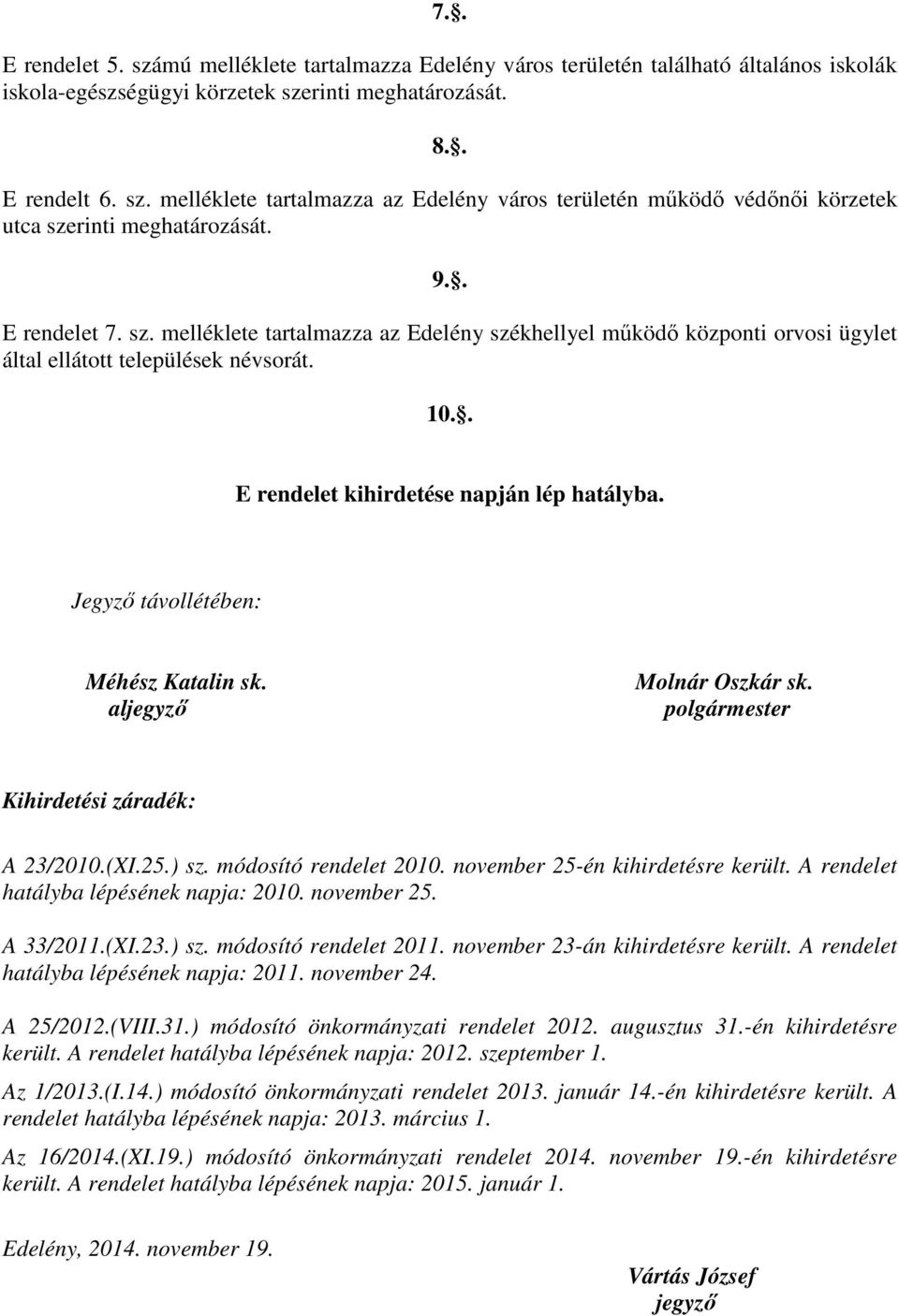 Jegyző távollétében: Méhész Katalin sk. aljegyző Molnár Oszkár sk. polgármester Kihirdetési záradék: A 23/2010.(XI.25.) sz. módosító rendelet 2010. november 25-én kihirdetésre került.