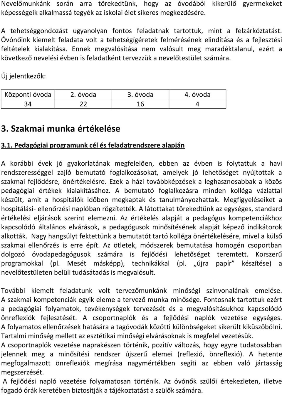 Ennek megvalósítása nem valósult meg maradéktalanul, ezért a következő nevelési évben is feladatként tervezzük a nevelőtestület számára. Új jelentkezők: Központi óvoda 2. óvoda 3. óvoda 4.