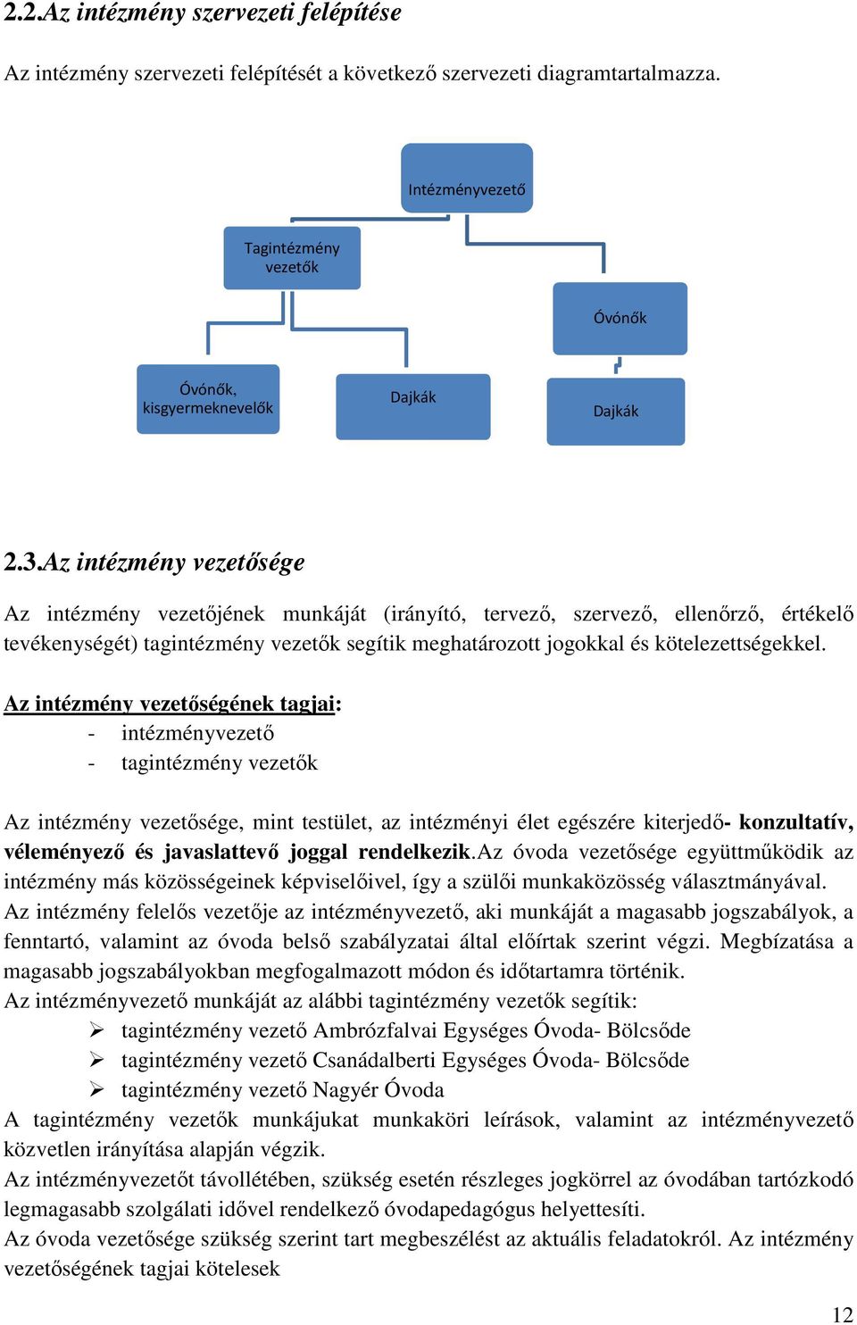 Az intézmény vezetősége Az intézmény vezetőjének munkáját (irányító, tervező, szervező, ellenőrző, értékelő tevékenységét) tagintézmény vezetők segítik meghatározott jogokkal és kötelezettségekkel.