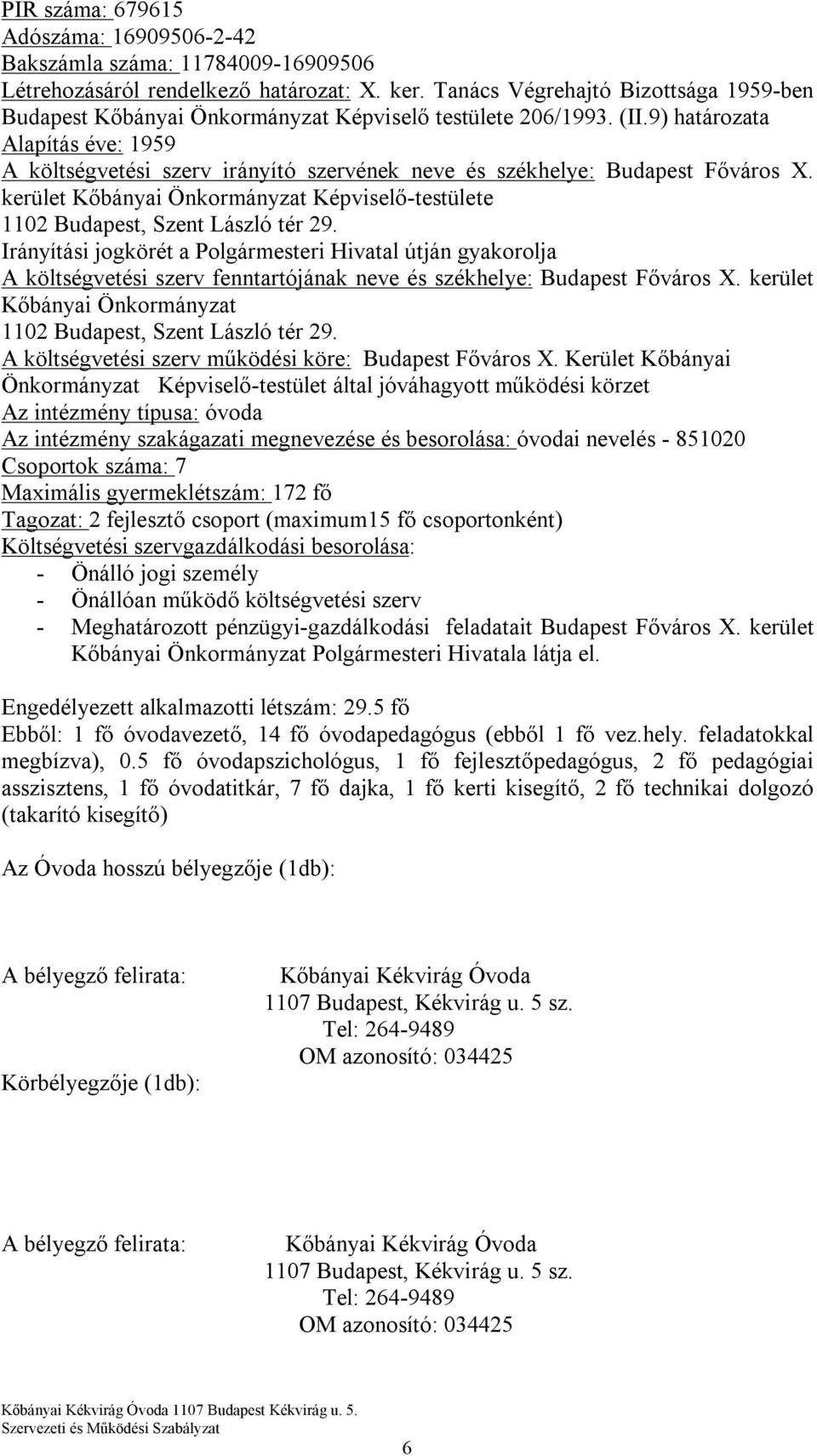 9) határozata Alapítás éve: 1959 A költségvetési szerv irányító szervének neve és székhelye: Budapest Főváros X. kerület Kőbányai Önkormányzat Képviselő-testülete 1102 Budapest, Szent László tér 29.