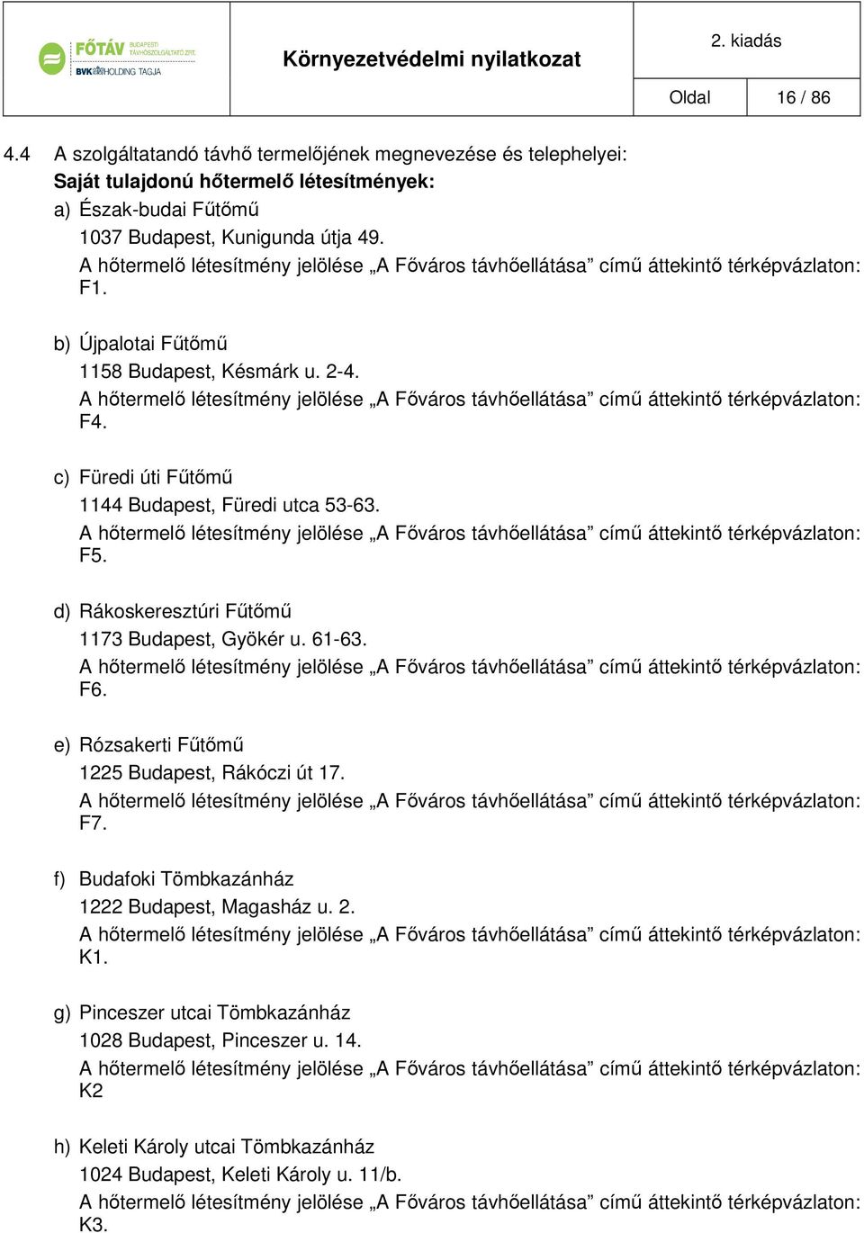 A hőtermelő létesítmény jelölése A Főváros távhőellátása című áttekintő térképvázlaton: F4. c) Füredi úti Fűtőmű 1144 Budapest, Füredi utca 53-63.