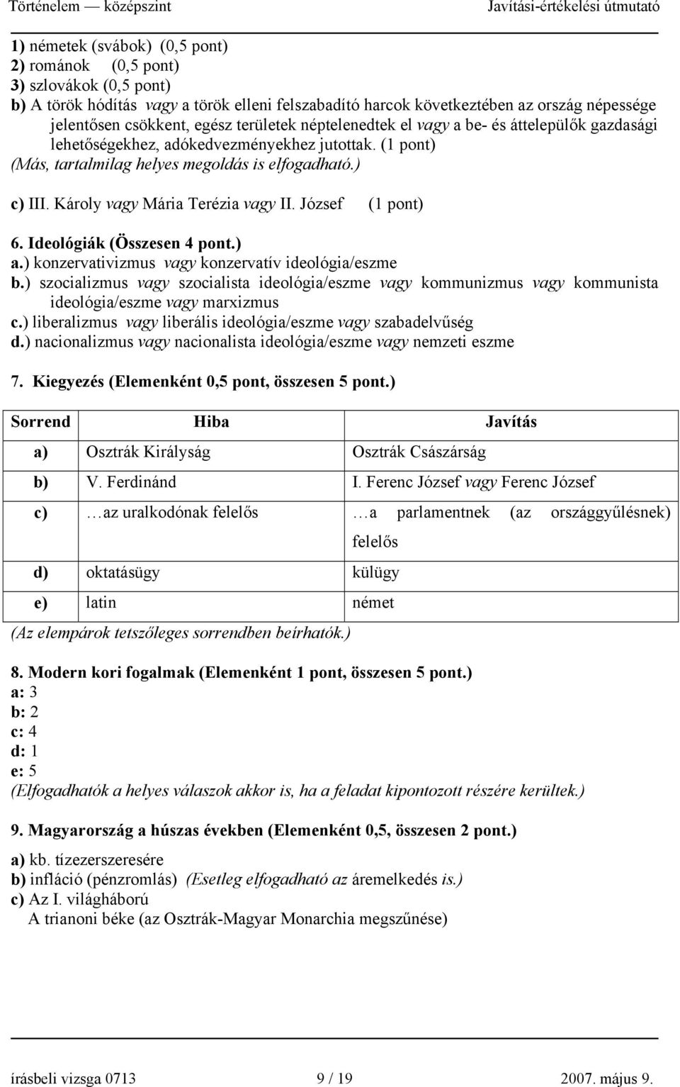 Károly vagy Mária Terézia vagy II. József (1 pont) 6. Ideológiák (Összesen pont.) a.) konzervativizmus vagy konzervatív ideológia/eszme b.