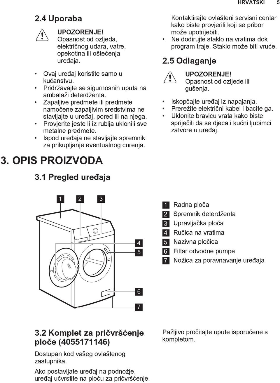 Ispod uređaja ne stavljajte spremnik za prikupljanje eventualnog curenja. Kontaktirajte ovlašteni servisni centar kako biste provjerili koji se pribor može upotrijebiti.