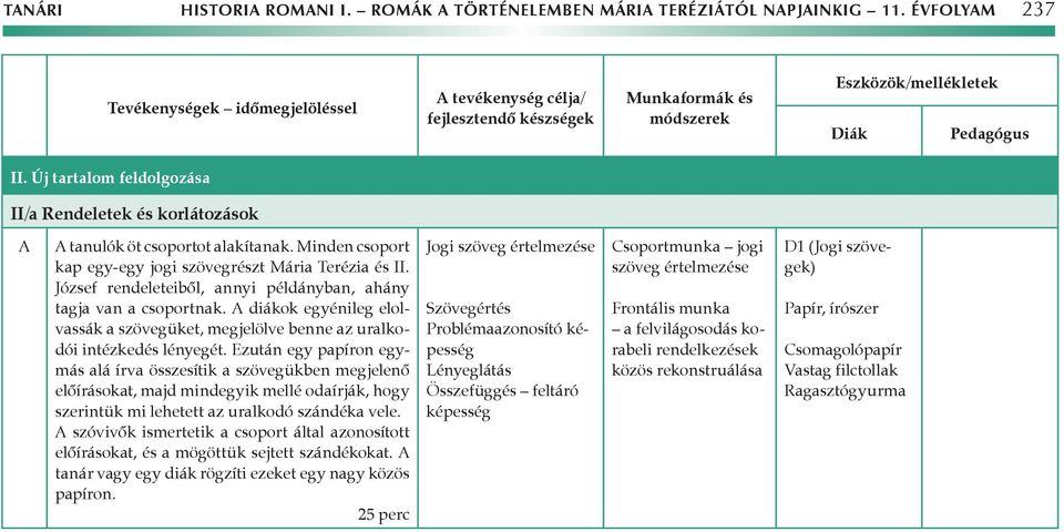 Új tartalom feldolgozása II/a Rendeletek és korlátozások A A tanulók öt csoportot alakítanak. Minden csoport kap egy-egy jogi szövegrészt Mária Terézia és II.