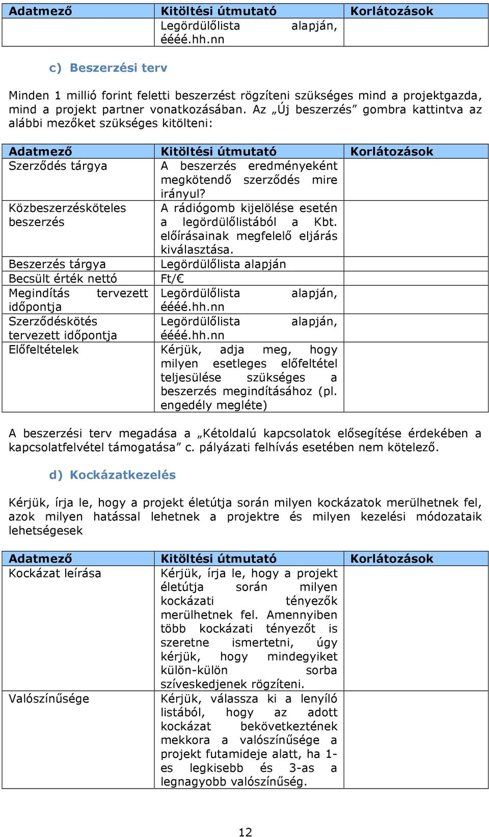 Közbeszerzésköteles A rádiógomb kijelölése esetén beszerzés a legördülőlistából a Kbt. előírásainak megfelelő eljárás kiválasztása.