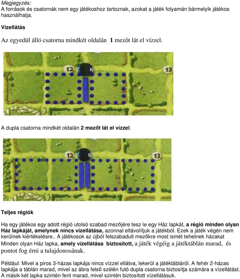 Teljes régiók Ha egy játékos egy adott régió utolsó szabad mezőjére tesz le egy Ház lapkát, a régió minden olyan Ház lapkáját, amelynek nincs vízellátása, azonnal eltávolítjuk a játékból.