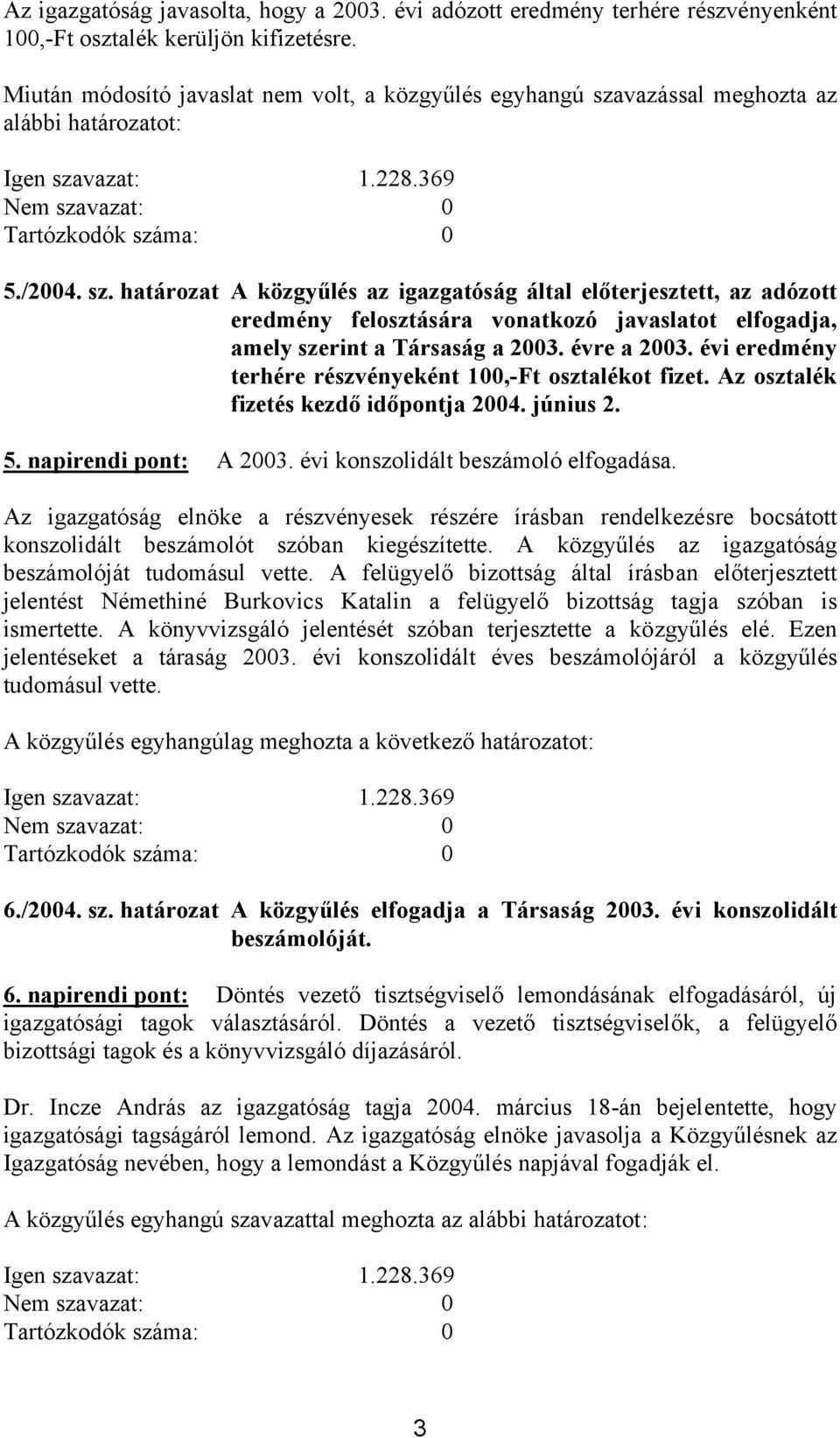 vazással meghozta az alábbi határozatot: 5./2004. sz.