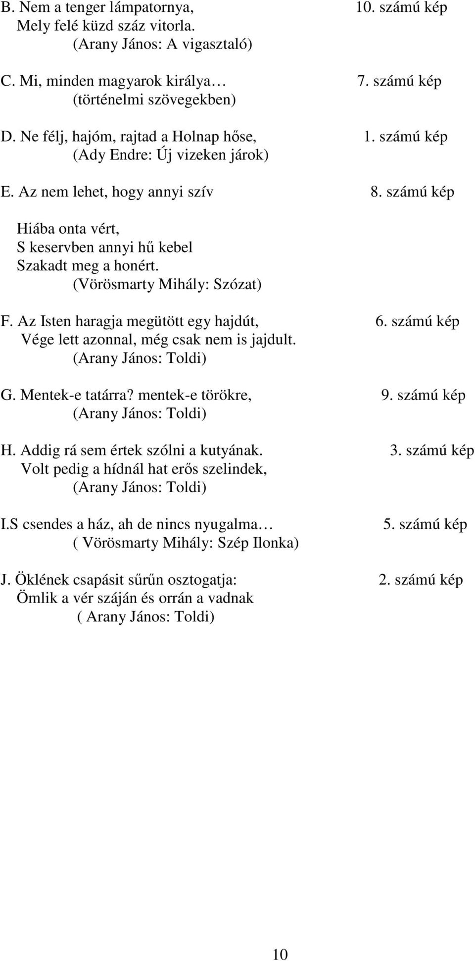 (Vörösmarty Mihály: Szózat) F. Az Isten haragja megütött egy hajdút, 6. számú kép Vége lett azonnal, még csak nem is jajdult. (Arany János: Toldi) G. Mentek-e tatárra? mentek-e törökre, 9.