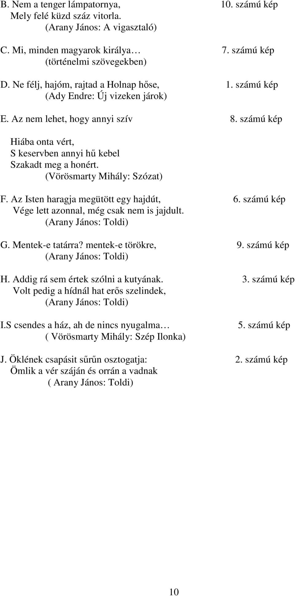 (Vörösmarty Mihály: Szózat) F. Az Isten haragja megütött egy hajdút, 6. számú kép Vége lett azonnal, még csak nem is jajdult. (Arany János: Toldi) G. Mentek-e tatárra? mentek-e törökre, 9.