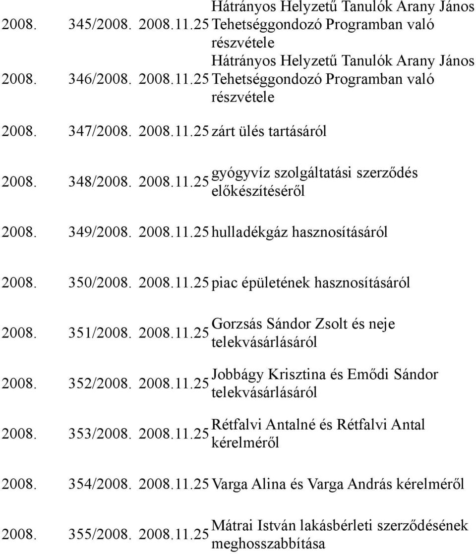 351/2008. 2008.11.25 telekvásárlásáról Jobbágy Krisztina és Emődi Sándor 2008. 352/2008. 2008.11.25 telekvásárlásáról Rétfalvi Antalné és Rétfalvi Antal 2008. 353/2008. 2008.11.25 kérelméről 2008.