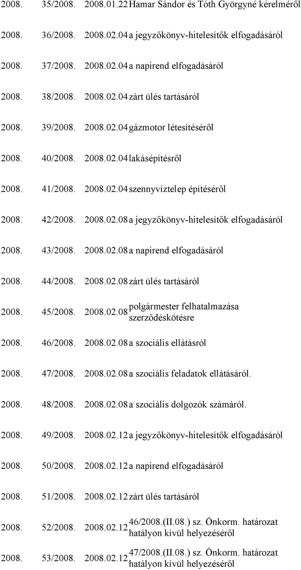 43/2008. 2008.02.08a napirend elfogadásáról 2008. 44/2008. 2008.02.08zárt ülés tartásáról polgármester felhatalmazása 2008. 45/2008. 2008.02.08 szerződéskötésre 2008. 46/2008. 2008.02.08a szociális ellátásról 2008.