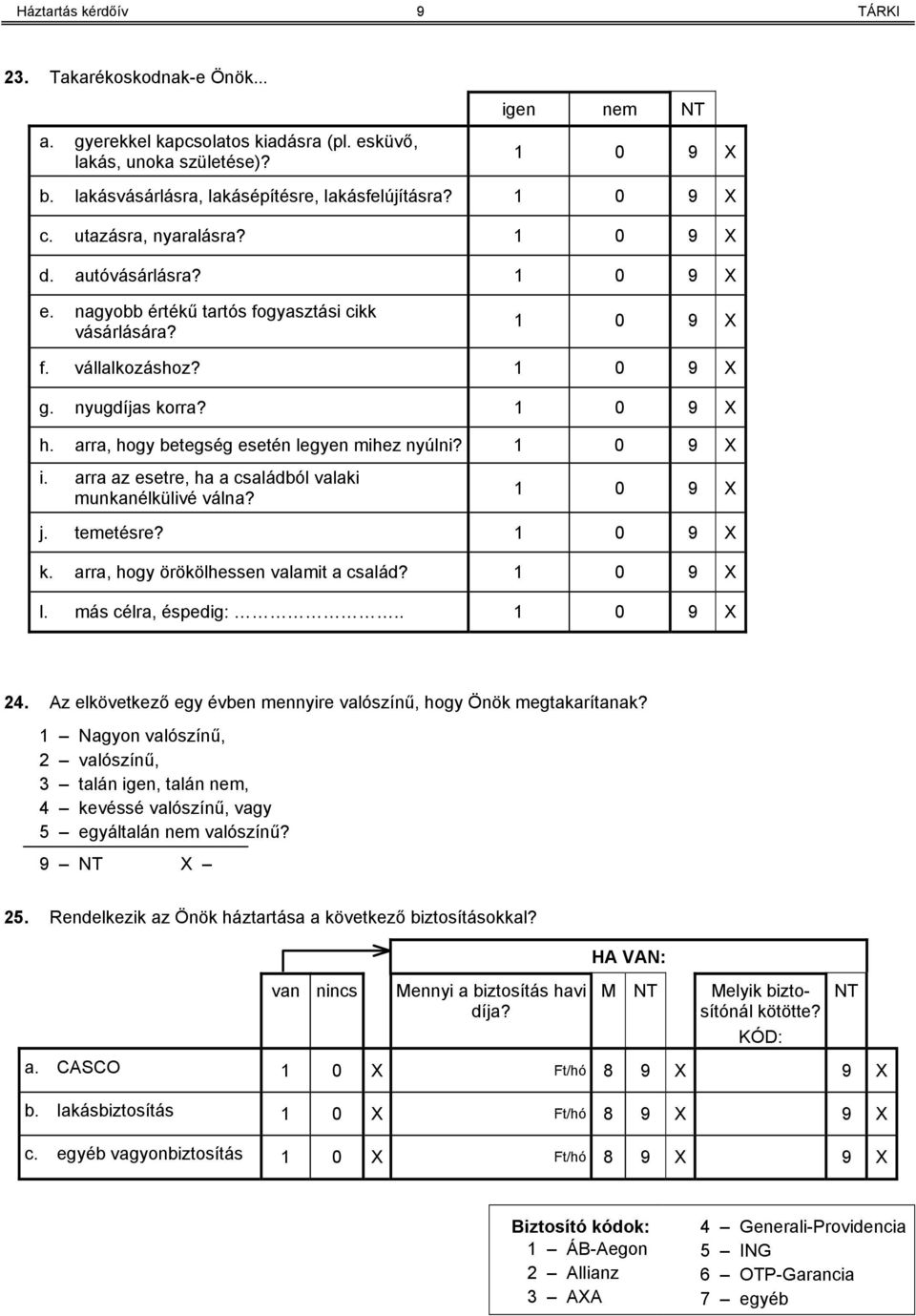 arra, hogy betegség esetén legyen mihez nyúlni? 1 0 9 X i. arra az esetre, ha a családból valaki munkanélkülivé válna? 1 0 9 X j. temetésre? 1 0 9 X k. arra, hogy örökölhessen valamit a család?