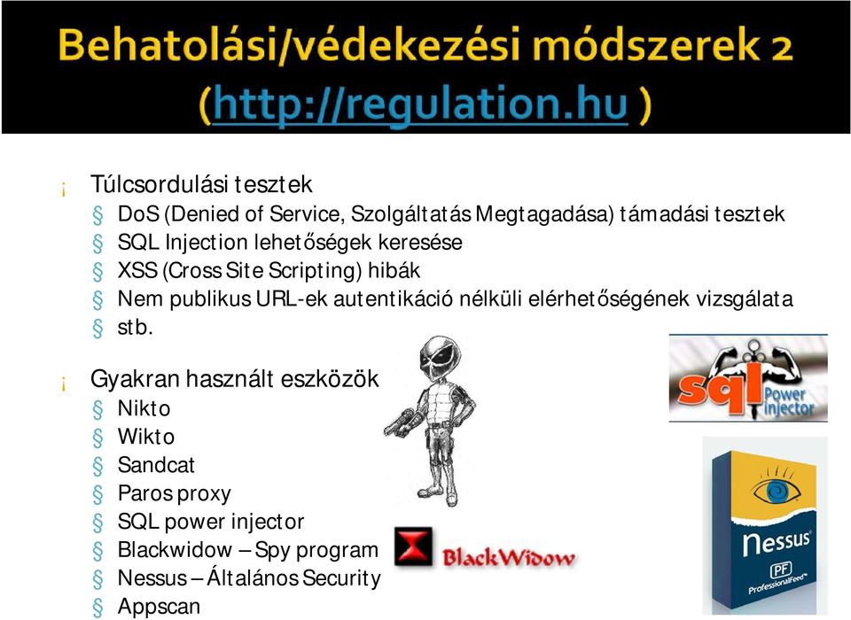 autentikáció nélküli elérhetőségének vizsgálata stb.