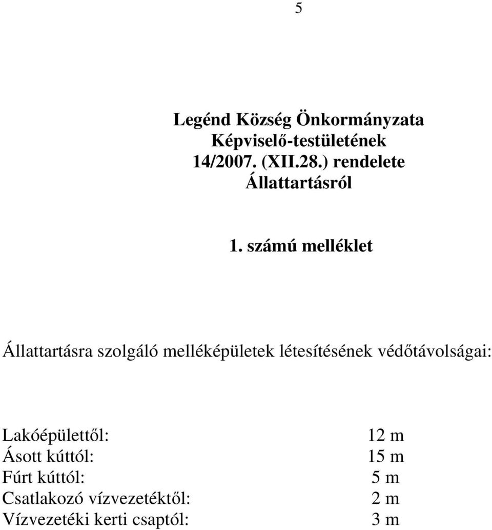 számú melléklet Állattartásra szolgáló melléképületek létesítésének