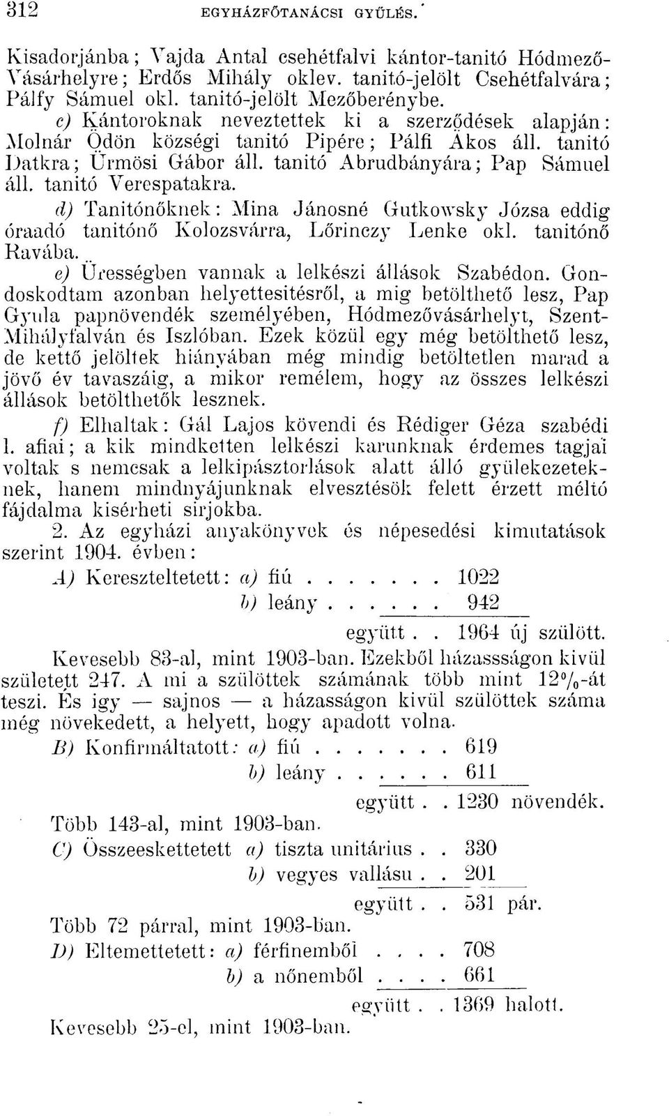 d) Tanítónőknek: Mina Jánosné Gutkowsky Józsa eddig óraadó tanítónő Kolozsvárra, Lőrinczy Lenke oki. tanítónő Ravába... e) Ürességben vannak a lelkészi állások Szabédon.