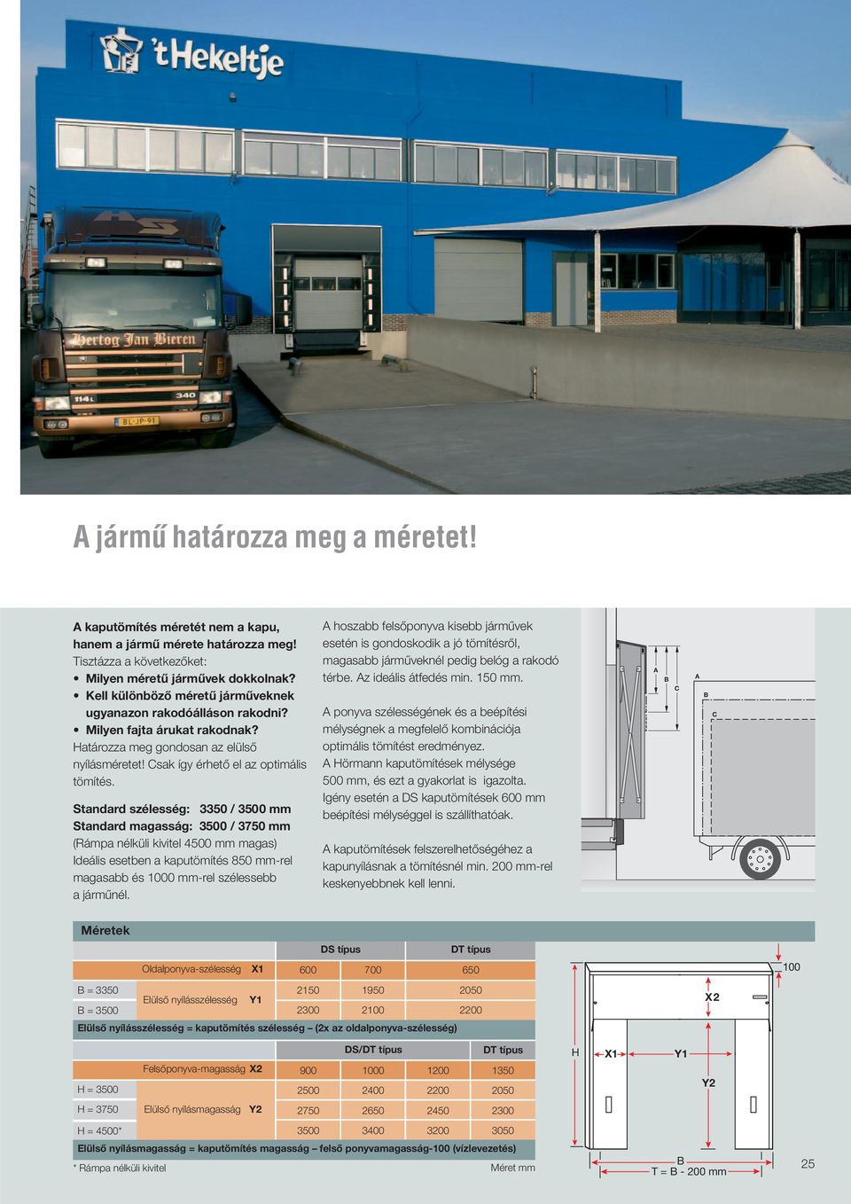 Standard szélesség: 3350 / 3500 mm Standard magasság: 3500 / 3750 mm (Rámpa nélküli kivitel 4500 mm magas) Ideális esetben a kaputömítés 850 mm-rel magasabb és 1000 mm-rel szélessebb a járműnél.