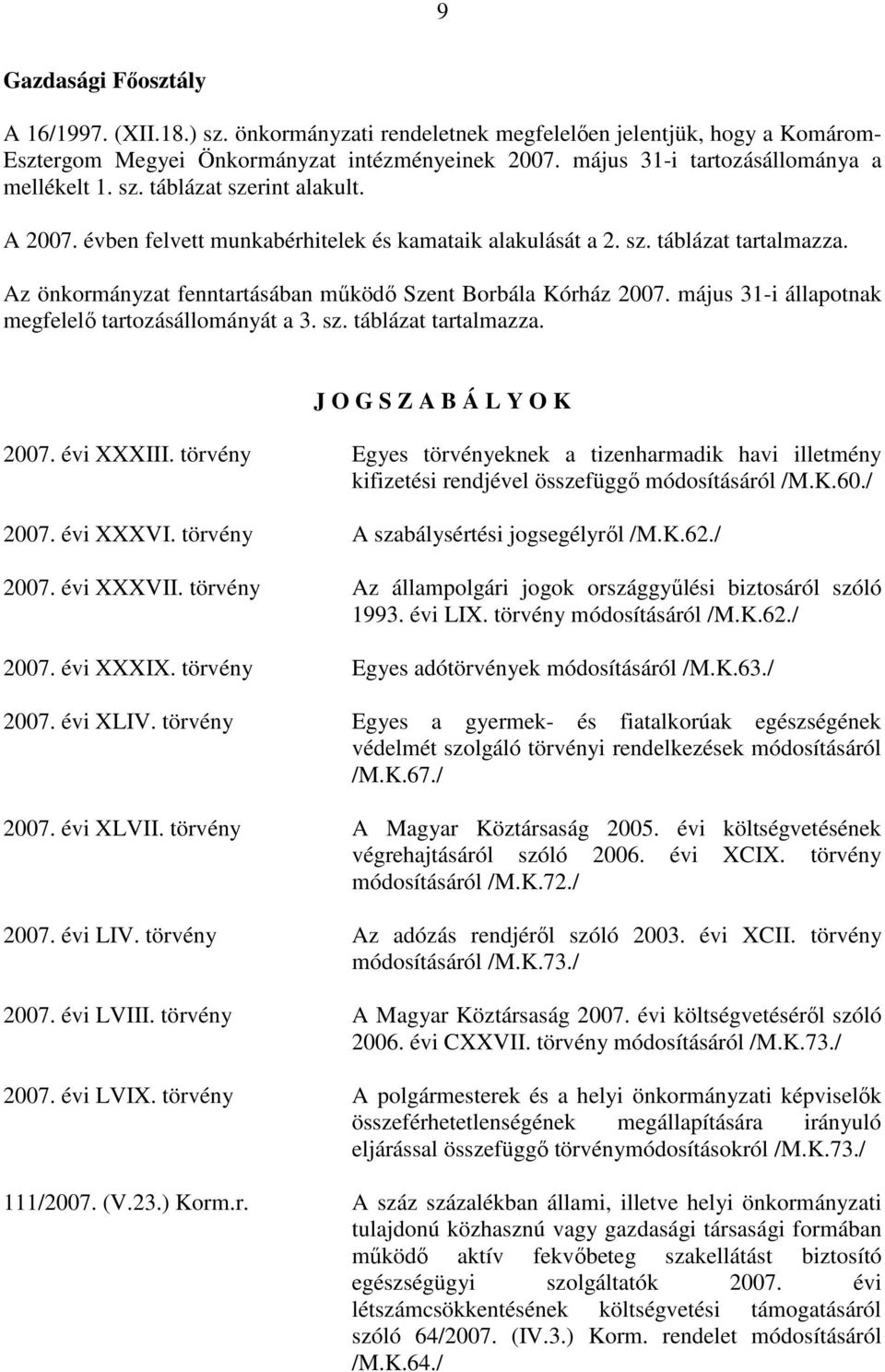 Az önkormányzat fenntartásában mőködı Szent Borbála Kórház 2007. május 31-i állapotnak megfelelı tartozásállományát a 3. sz. táblázat tartalmazza. J O G S Z A B Á L Y O K 2007. évi XXXIII.