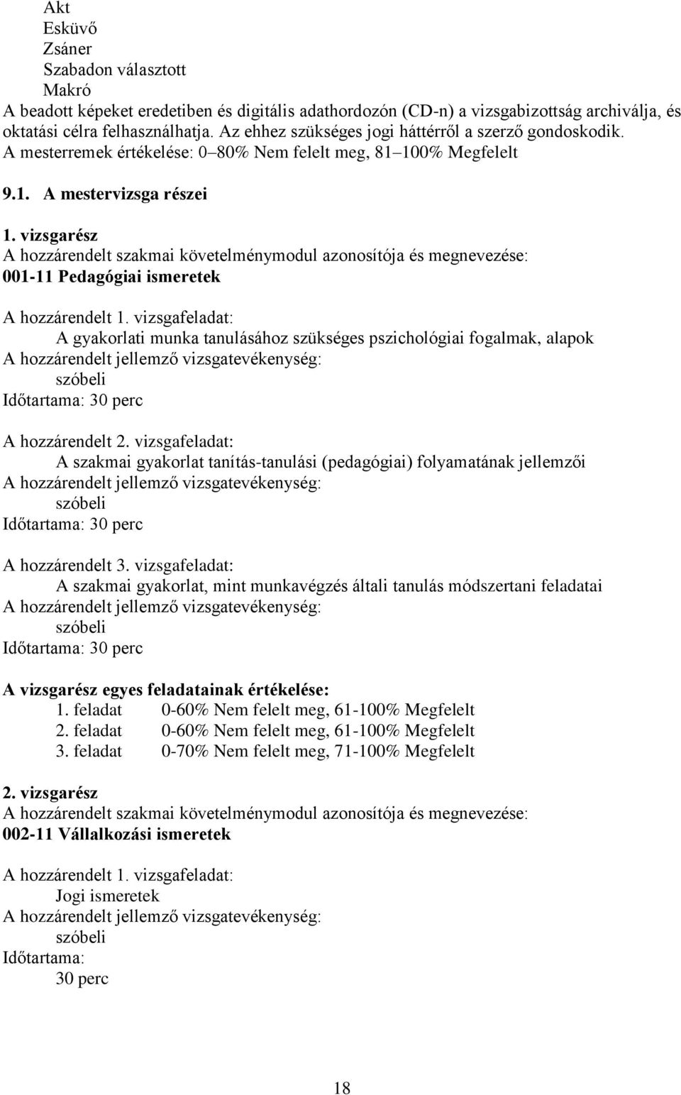 vizsgarész A hozzárendelt szakmai követelménymodul azonosítója és megnevezése: 001-11 Pedagógiai ismeretek A hozzárendelt 1.