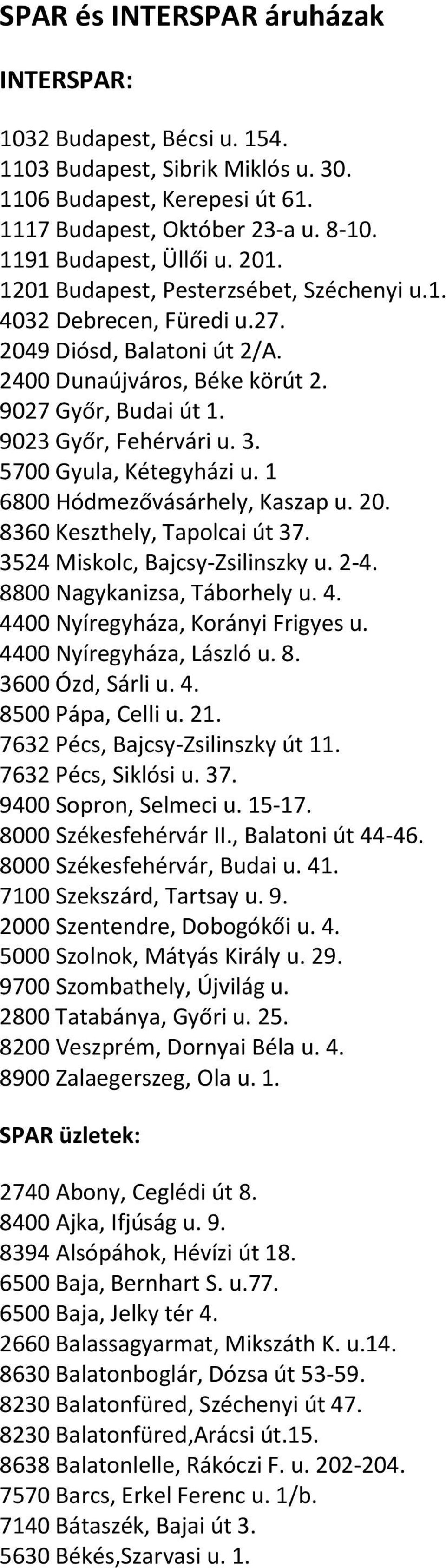 5700 Gyula, Kétegyházi u. 1 6800 Hódmezővásárhely, Kaszap u. 20. 8360 Keszthely, Tapolcai út 37. 3524 Miskolc, Bajcsy-Zsilinszky u. 2-4. 8800 Nagykanizsa, Táborhely u. 4.