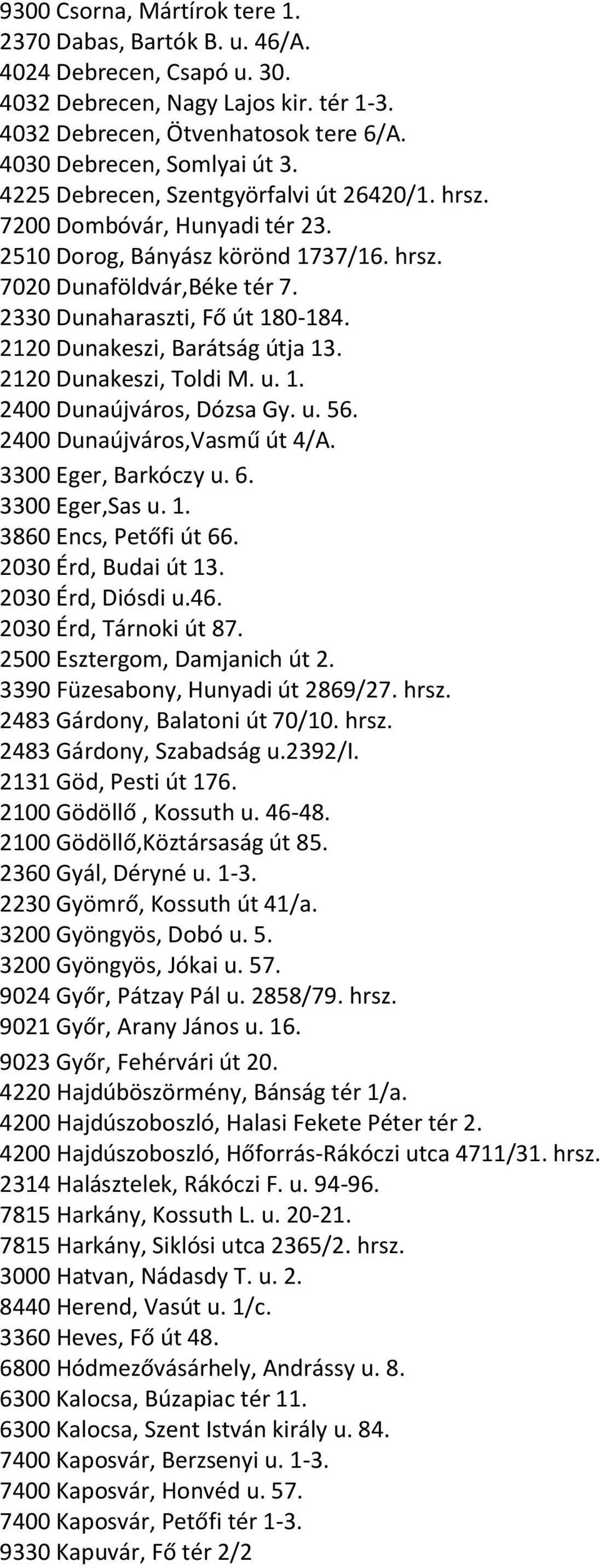 2120 Dunakeszi, Barátság útja 13. 2120 Dunakeszi, Toldi M. u. 1. 2400 Dunaújváros, Dózsa Gy. u. 56. 2400 Dunaújváros,Vasmű út 4/A. 3300 Eger, Barkóczy u. 6. 3300 Eger,Sas u. 1. 3860 Encs, Petőfi út 66.