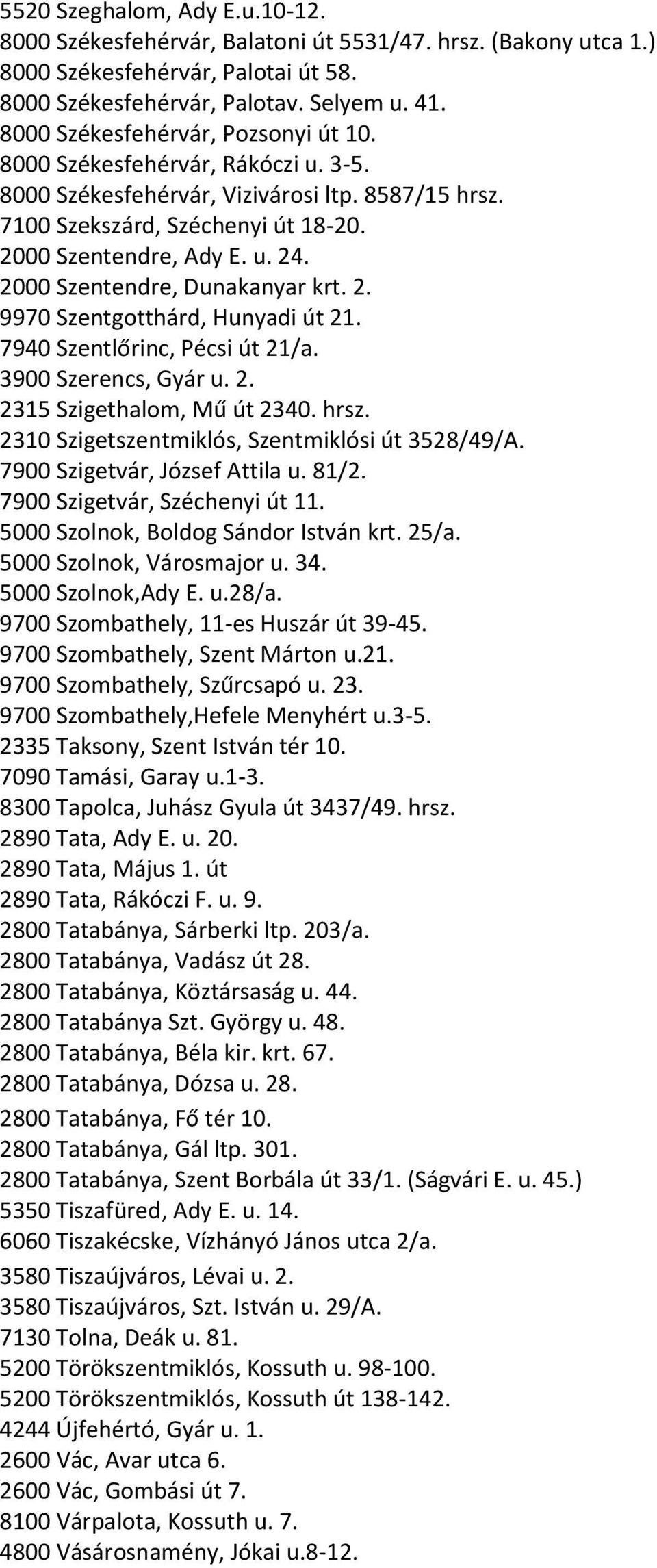 2000 Szentendre, Dunakanyar krt. 2. 9970 Szentgotthárd, Hunyadi út 21. 7940 Szentlőrinc, Pécsi út 21/a. 3900 Szerencs, Gyár u. 2. 2315 Szigethalom, Mű út 2340. hrsz.