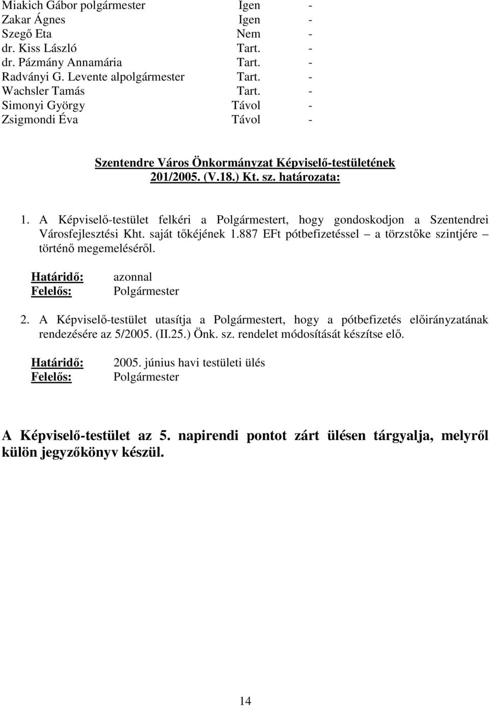 A Képvisel-testület felkéri a Polgármestert, hogy gondoskodjon a Szentendrei Városfejlesztési Kht. saját tkéjének 1.887 EFt pótbefizetéssel a törzstke szintjére történ megemelésérl.